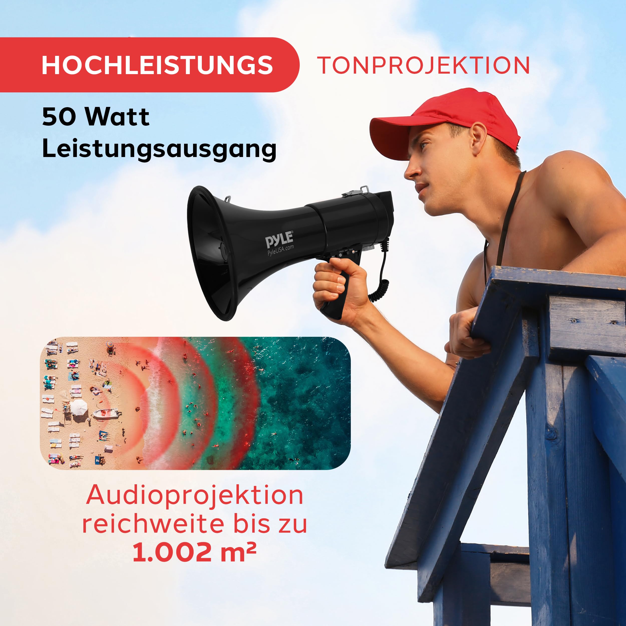 Pyle Megaphon mit Sirene & Mikrofon – 50W Lautsprecher, Aux-Eingang, tragbar, Ideal für Anfeuerung & Outdoor-Einsatz, ergonomisch & robust, mit MP3-Wiedergabe