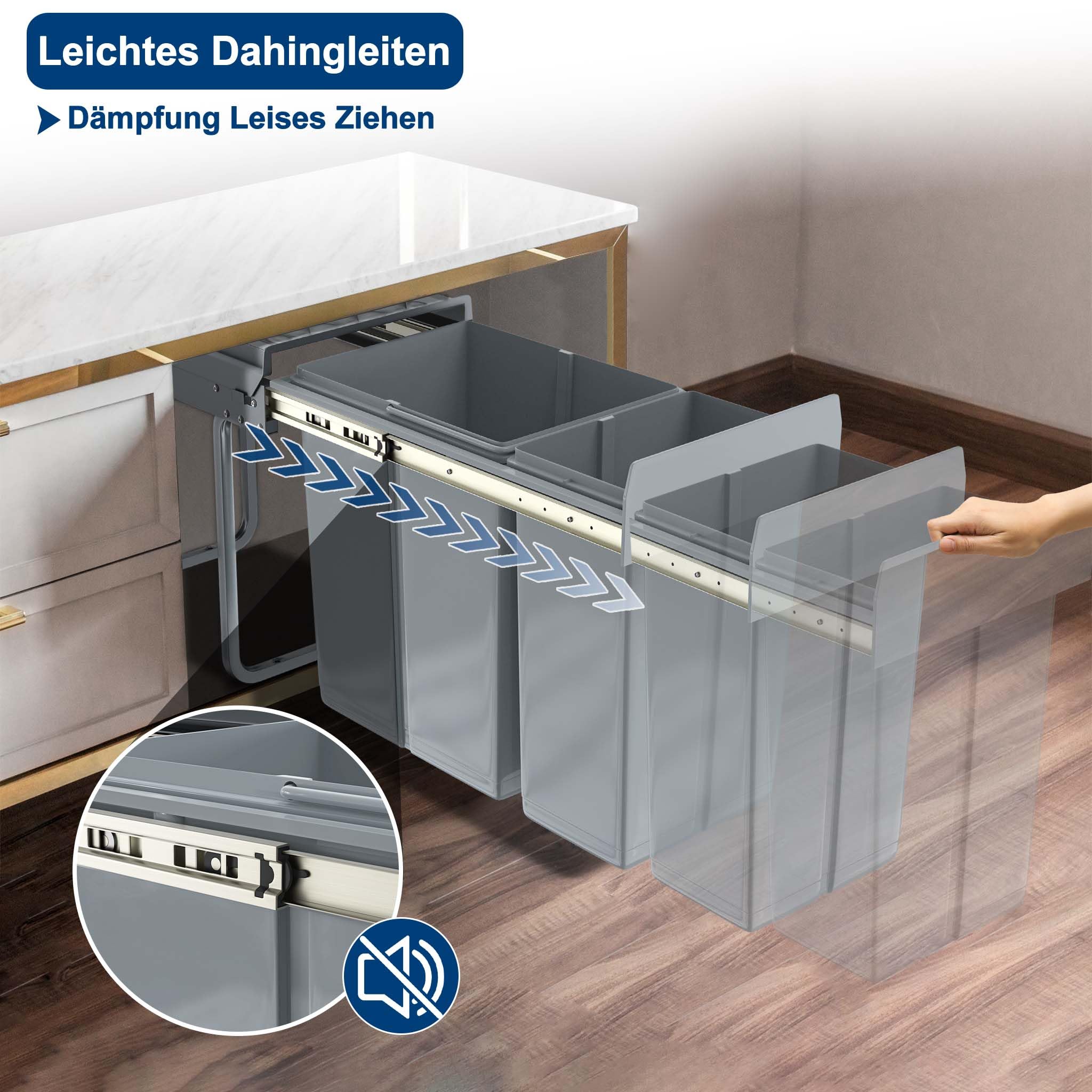 LILIIN Eingebauter Küchenmülleimerschrank Mülleimer Küchenabfalleimer Unterschrank Ausziehbarer Abfallsammler Mülltrennsystem mit Teleskopschienen Grau (1x20L+1X10L)