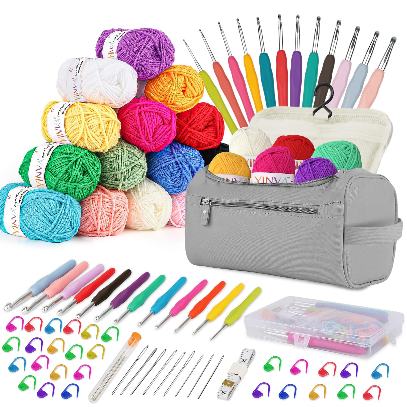 YINVA Häkelnadel Set für Anfänger 0.6mm-8mm Ergonomische Häkelnadeln Crochet Set Stricken für Anfänger Set