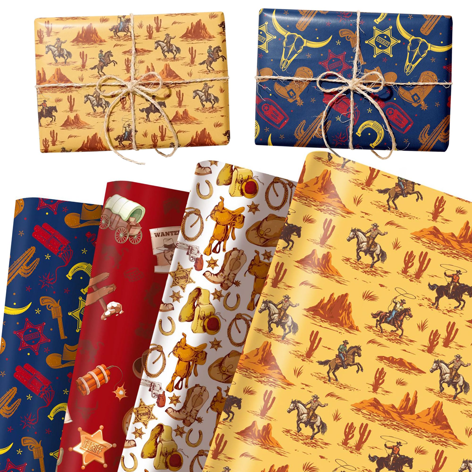 12 Sheet Western Cowboy Wrapping Paper Horse Gift Wrap Paper Wild West Rodeo DIY Craft Gift for Birthday Baby Shower Bridal Shower Wedding