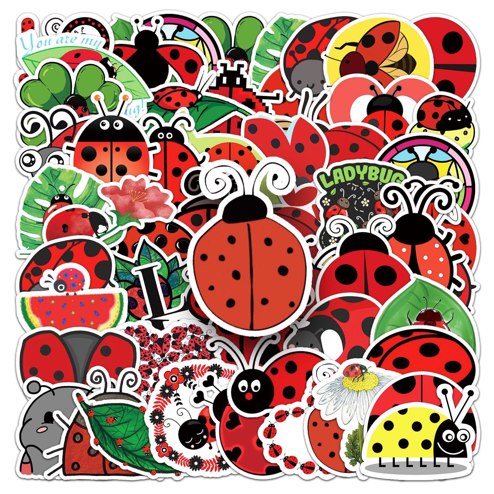 50 Pcs Cute Ladybug Stickers - Waterproof Vinyl Ladybug Decals with Love/Fruit Motifs for Skateboard, Laptop, Fridge & Luggage (Assorted Adorable Ladybug Designs)(Ladybug)