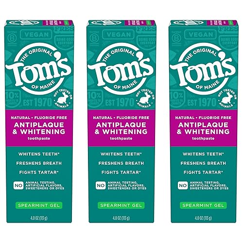 Tom's of Maine Gel de pasta de dientes antiplaca y blanqueador sin flúor, menta verde, paquete de 3, 4.0 onzas