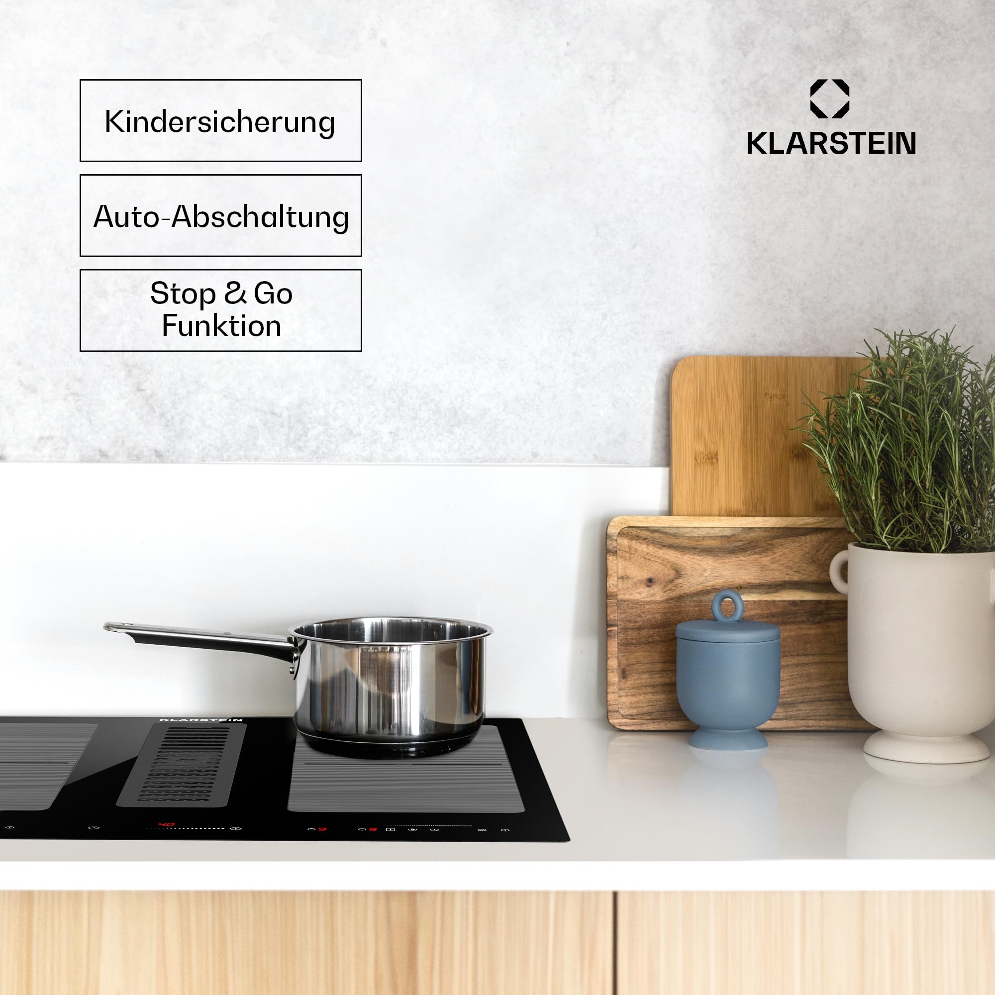 Klarstein 2-in-1 Kochfeld mit Dunstabzug Integriert, Induktionskochfeld mit Dunstabzug für Kücheninsel, Kochfeld mit Integriertem Dunstabzug 60cm, 391m³/h Luftstrom, Touch Control, Energieklasse A+