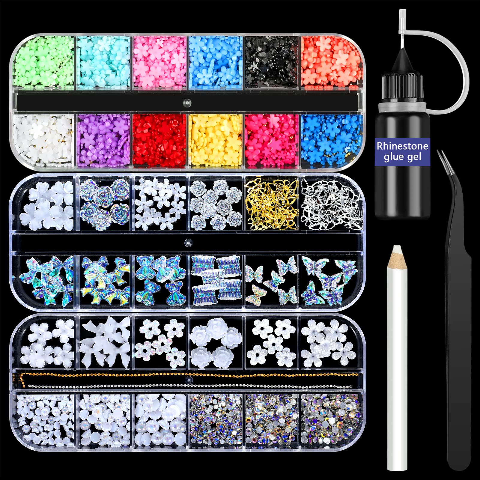 3D Flower Nail Charms,3D Acrylic Flower Nail Art Rhinestones with Gold Silver Pearl Beads Tweezers Included Spring Blossom Petal for DIY Nail Decorations (Multicolor D)