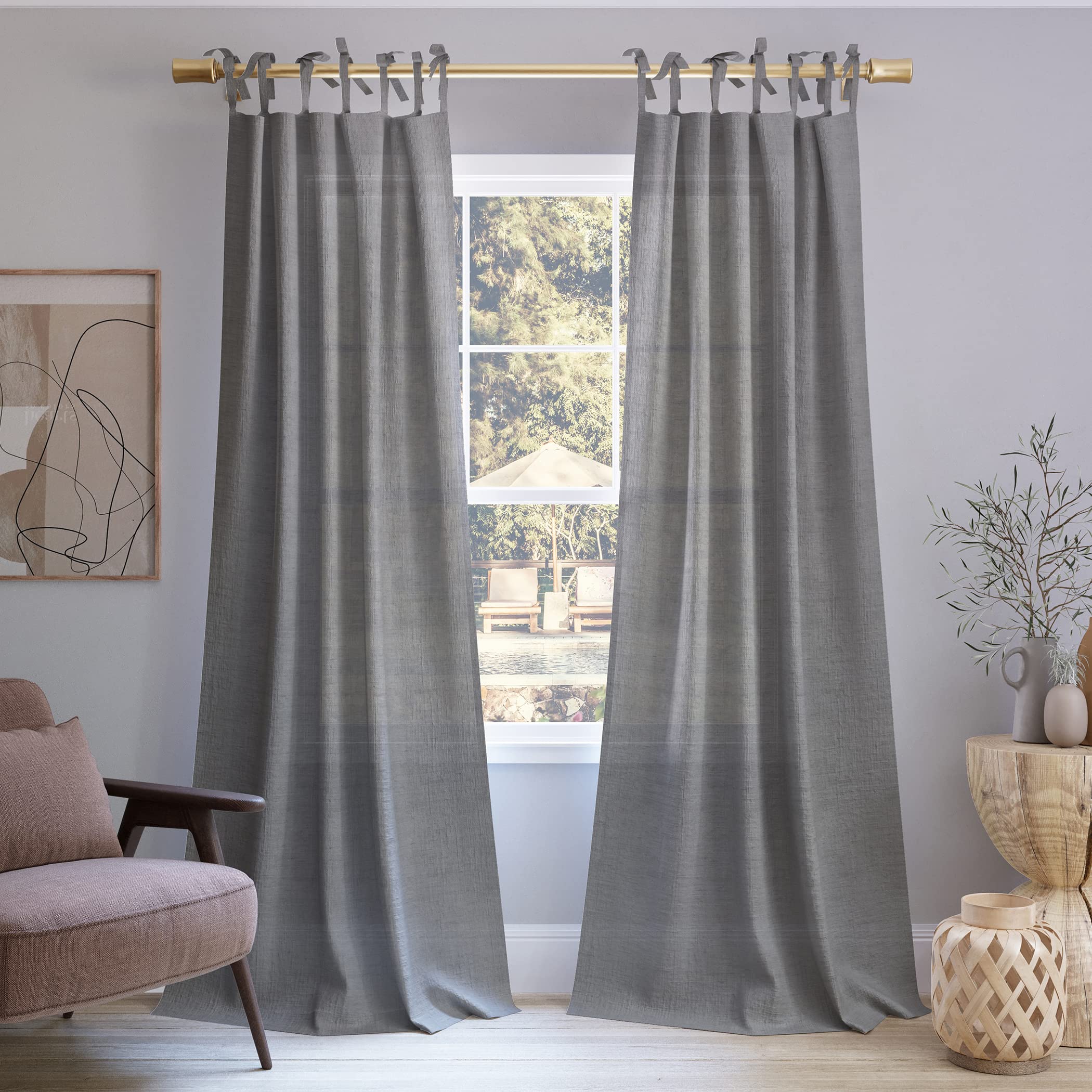 No. 918 Winnie Slub Textured Linen Blend Sheer Tie Top Curtain Panel, 50" x 84", Gray