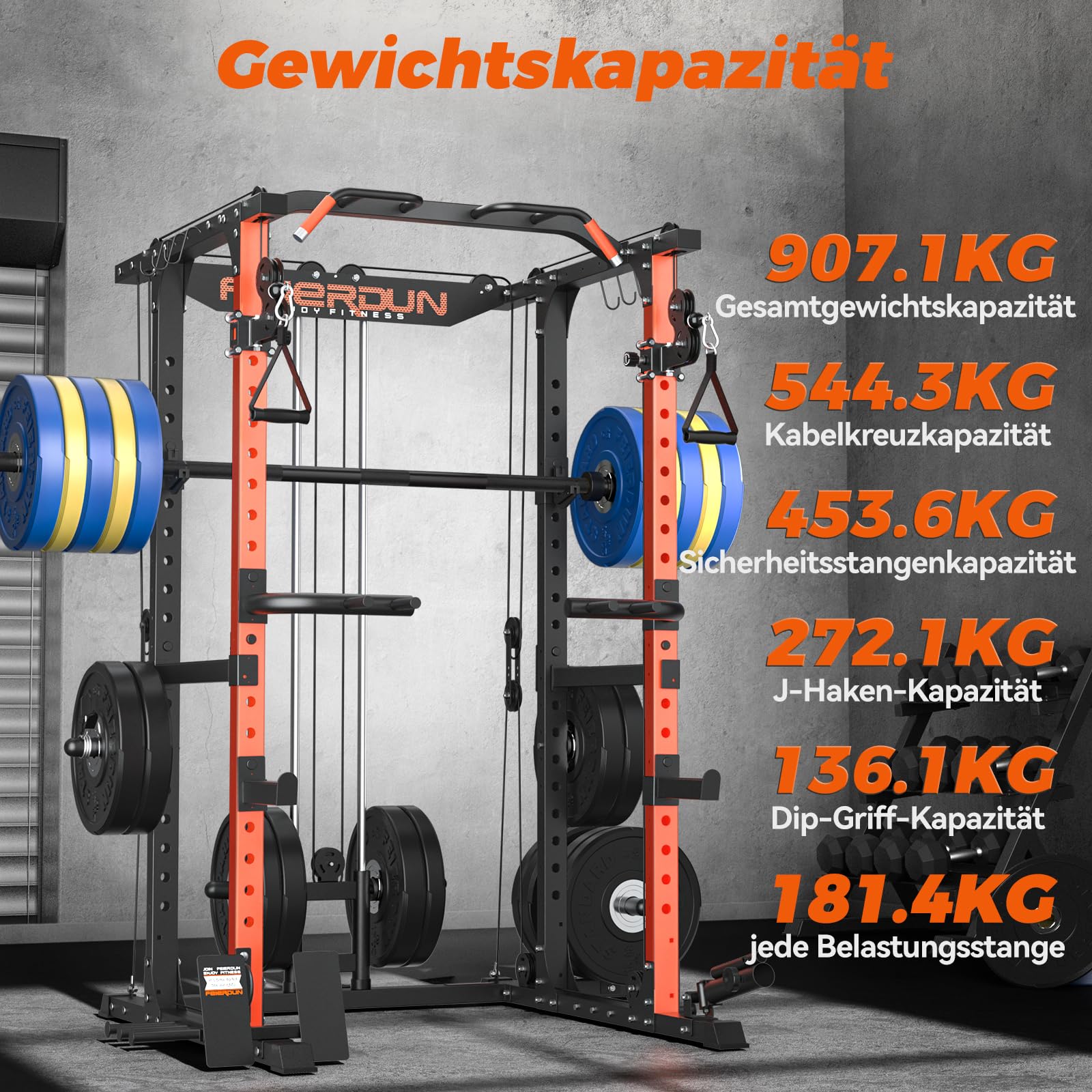 FEIERDUN Multifunktionaler Kniebeugen-Rack, Power Cage,907kg Kapazität, Power Rack mit verstellbarem Kabel-Crossover-System und zusätzlichen Aufsätzen, idealer Gewichtskäfig für Zuhause/Fitnessstudio