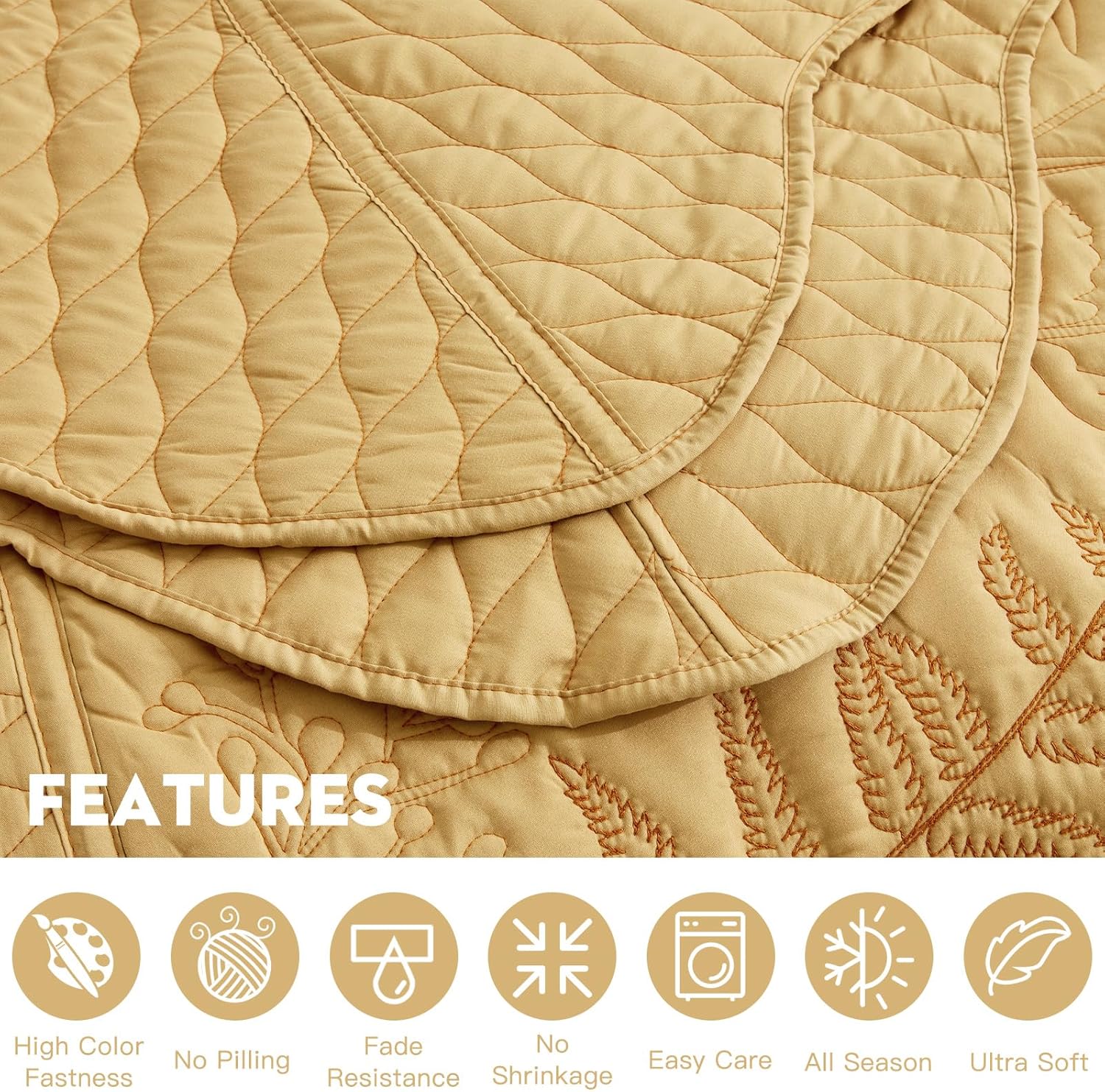 DaisyHuang Botanical Oversized Bedspread King Size - Leaves Pattern Stitching Quilt Set - Elegant & Fresh Style Bedding Coverlets, Reversible, Lightweight, 5 Piece, Honey Gold