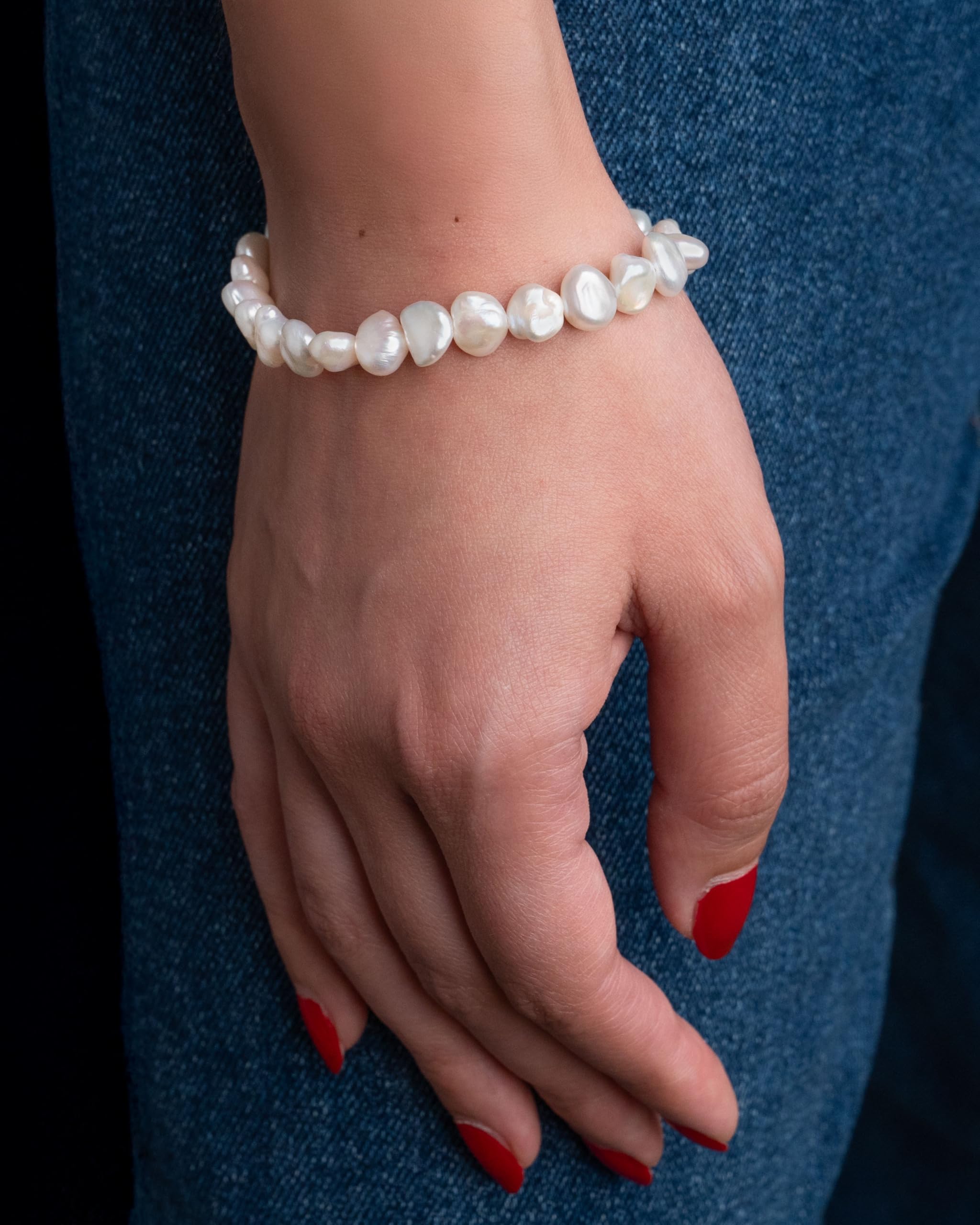 Secret & You Bracciale da Donna con Perle Naturali d'Acqua Dolce coltivate Barocca Keshi Colori Naturali - Bracciale Elastico di 18 cm.