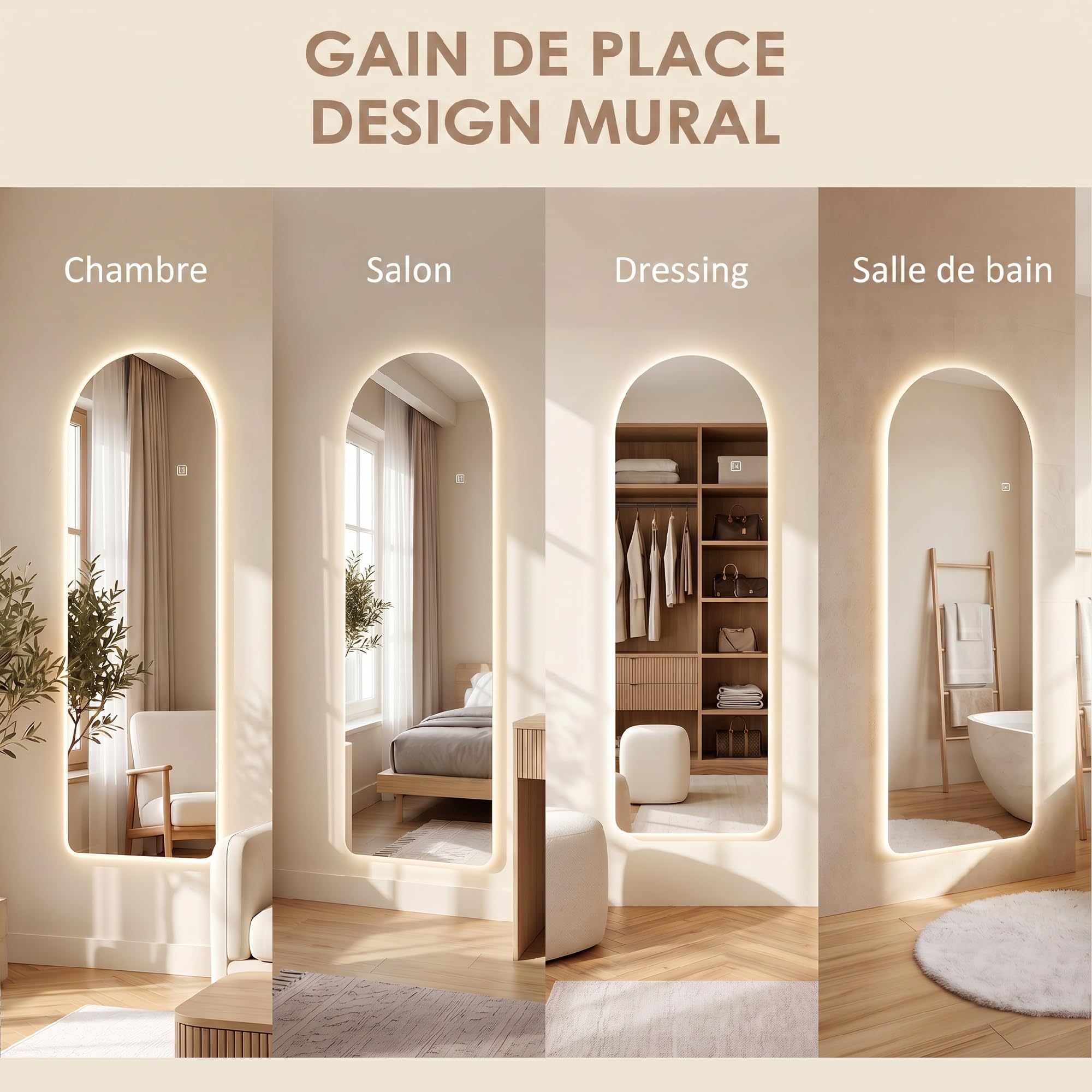 HOMCOM Grand Miroir Mural 120 x 40 cm avec éclairage LED Miroir Pleine Longueur arqué sans carde, Anti-déflagrante, intensité Variable, 3 Couleurs d'éclairage, pour Salon Chambre, Transparent