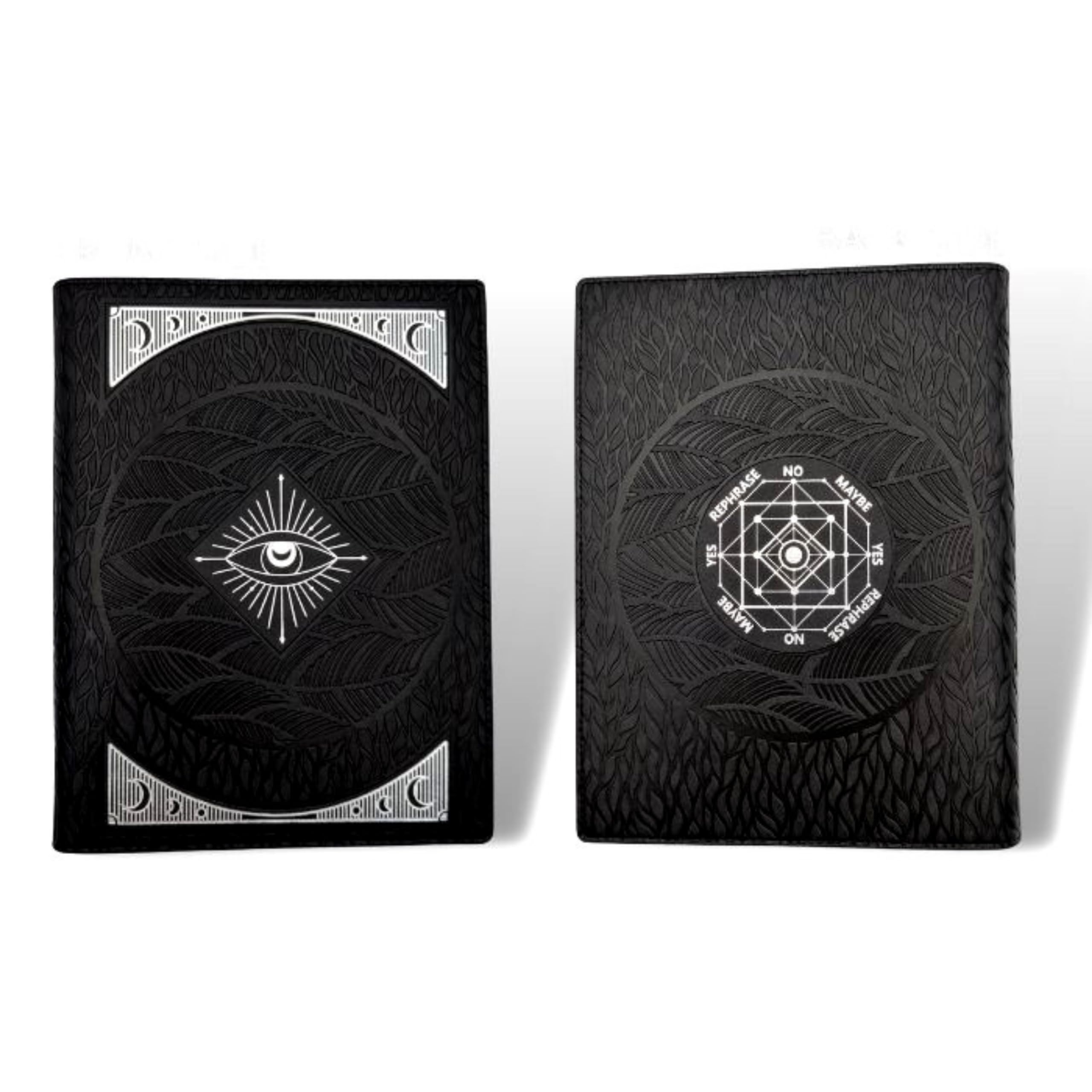 La Muci Diario de cuero vegano en relieve negro con péndulo, cuaderno vintage A5 recargable, 60 páginas de puntos, bolsillo, tarot y diario de viaje para mujeres y hombres, cuaderno con soporte para