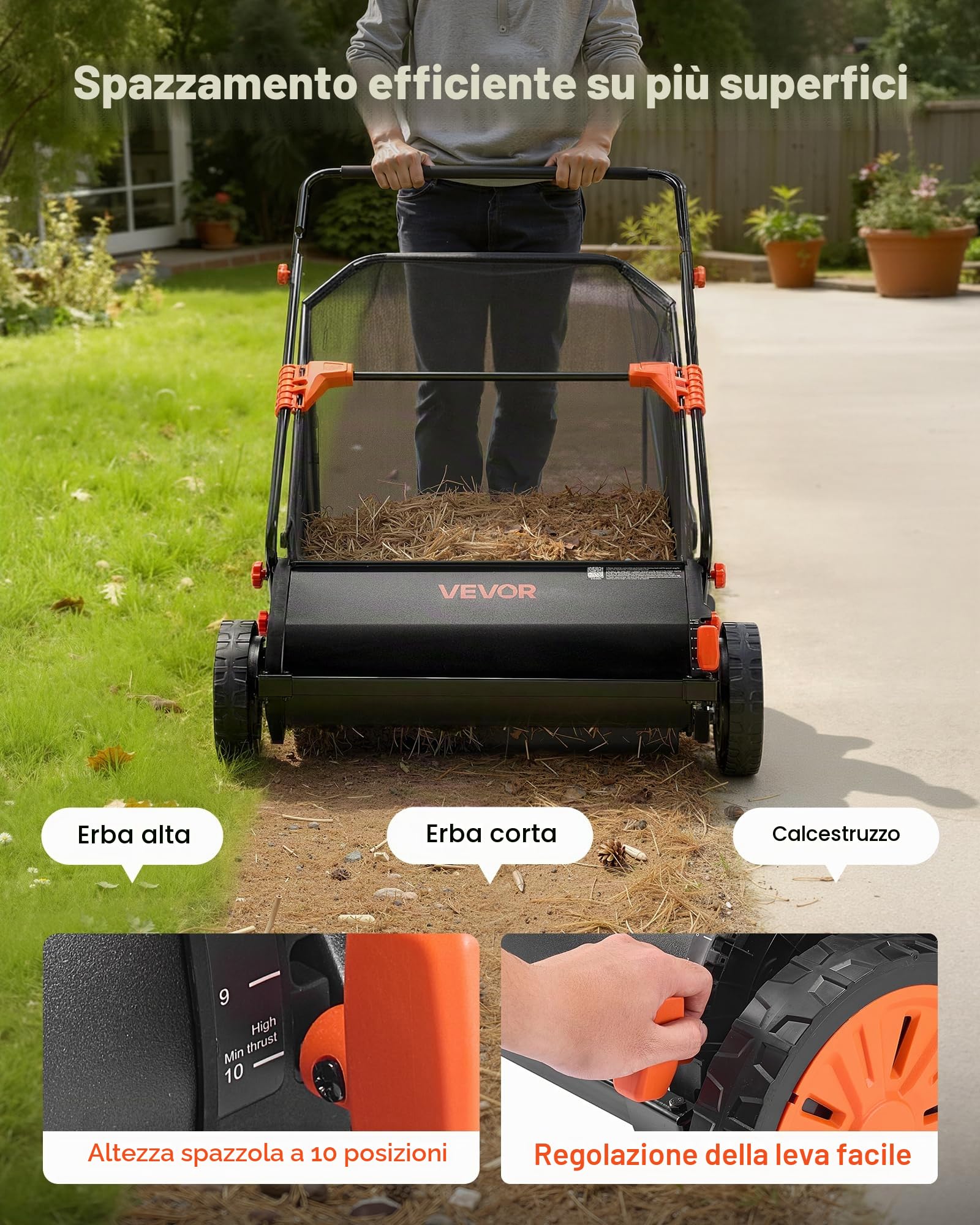 VEVOR Spazzatrice Manuale per Erba da Giardino, Spazzatrice a Spinta Raccoglitore di Foglie Erba Larghezza 76,2 cm, Ruote in Gomma Pulizia di Foglie da Cortile Giardino Campo, Raccoglierba Manuale