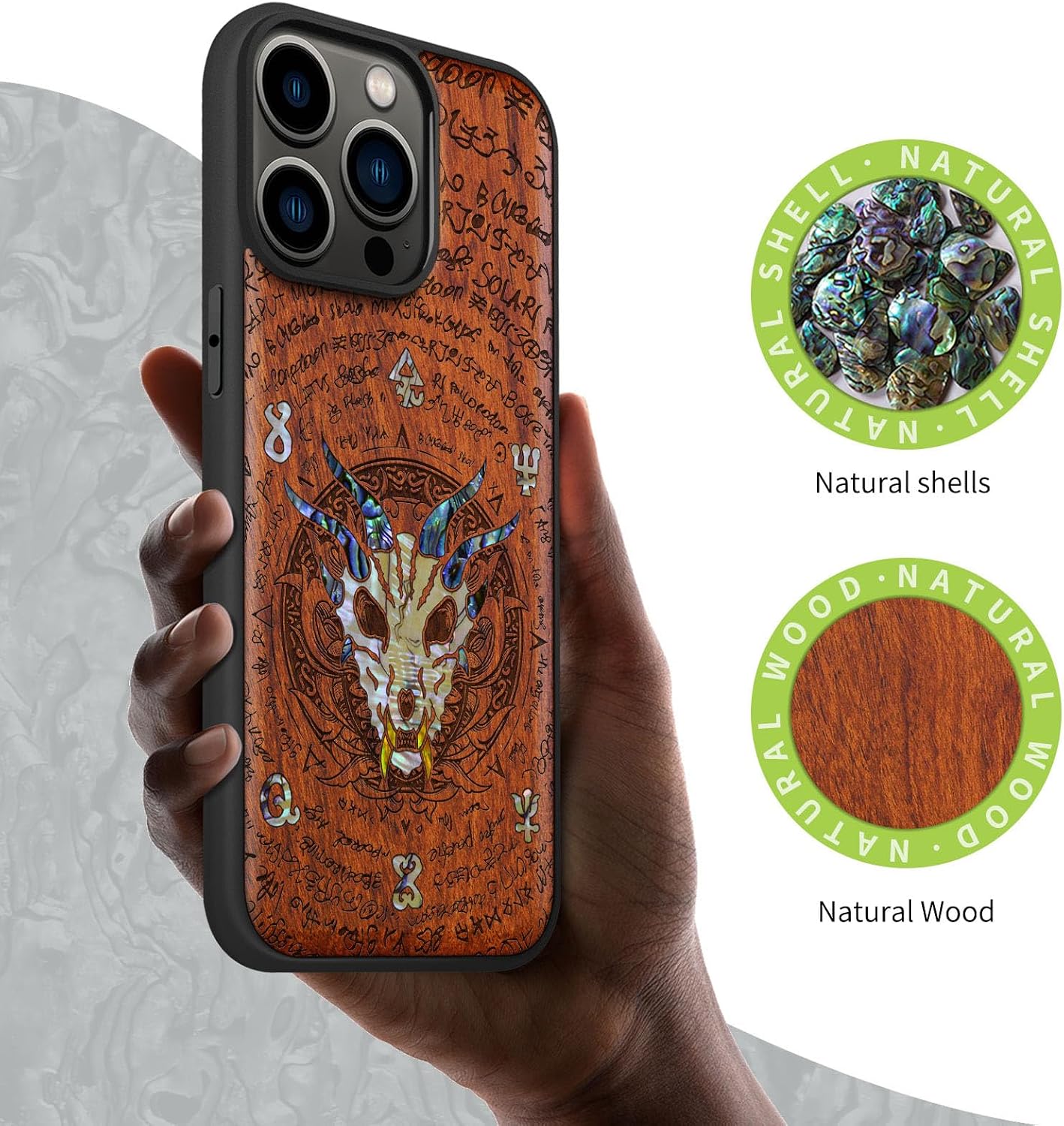 Carveit Designer Wooden Protective Magnetic Case for iPhone 14 Pro Max Case [Wood Engraving & Shell Inlay] Wood Phone Cover Compatible with 14 Pro Max MagSafe (Dragon Skull-Rosy)