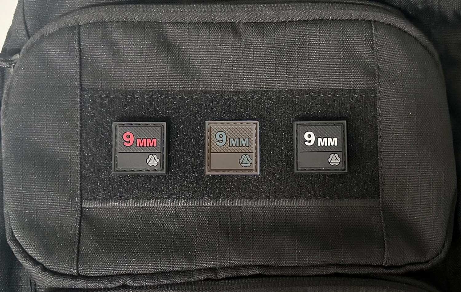 9mm Hook Patch, Mini 1.0 x 1.0 inch Size, Black (Red Text)