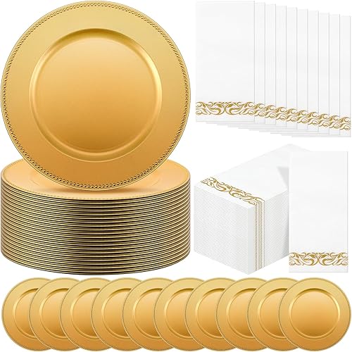 Nosiny Juego de 100 platos de carga a granel, 50 cargadores de platos de plástico y 50 servilletas de papel, platos redondos de 13 pulgadas para