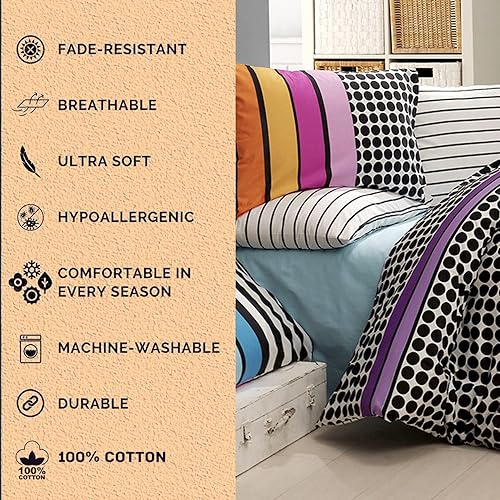 Miniatura 3 de Bahar Tekstil 100 Cotton Quilt Cover Bedding Set Colored Cotton Duvet Cover Set of 3 Lightweight Comforter Cover with Two Zippered Pillow Cases Queen