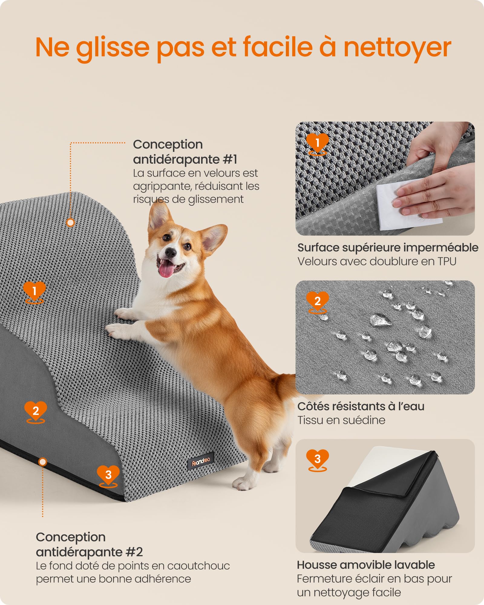 Feandrea Escalier pour Chien, à 3 Marches, Velours Gaufré, Marches pour Chien, Lit, Canapé, Imperméable, Design Antidérapant, Pente Douce, Housse Amovible Lavable, Poignée, Gris Tourterelle PPS013GD01 | Antidérapant avec faible pente, housse lavable pour
