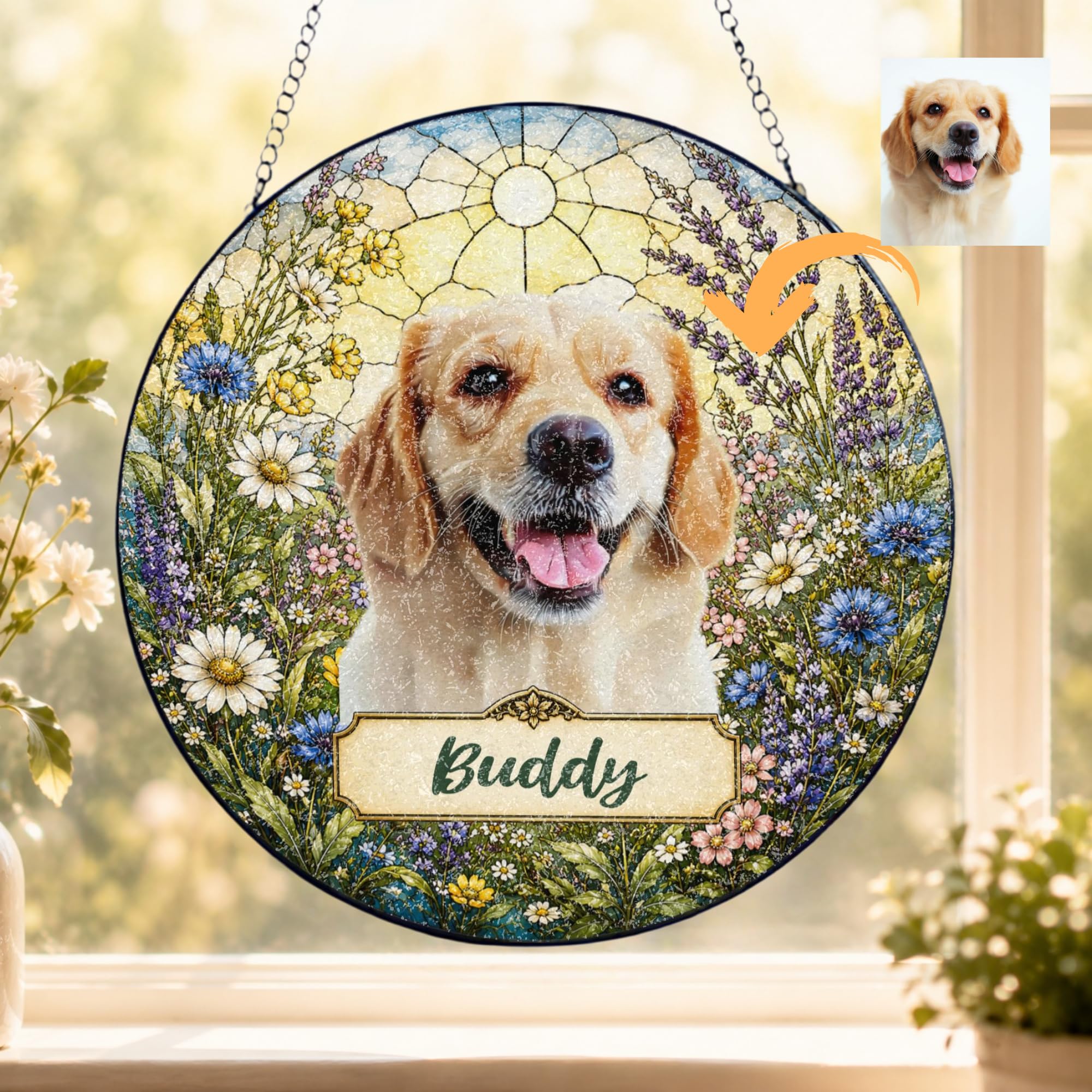 Personalised Pet Photo Suncatcher, Stained Glass Style Window Hanging Gift
