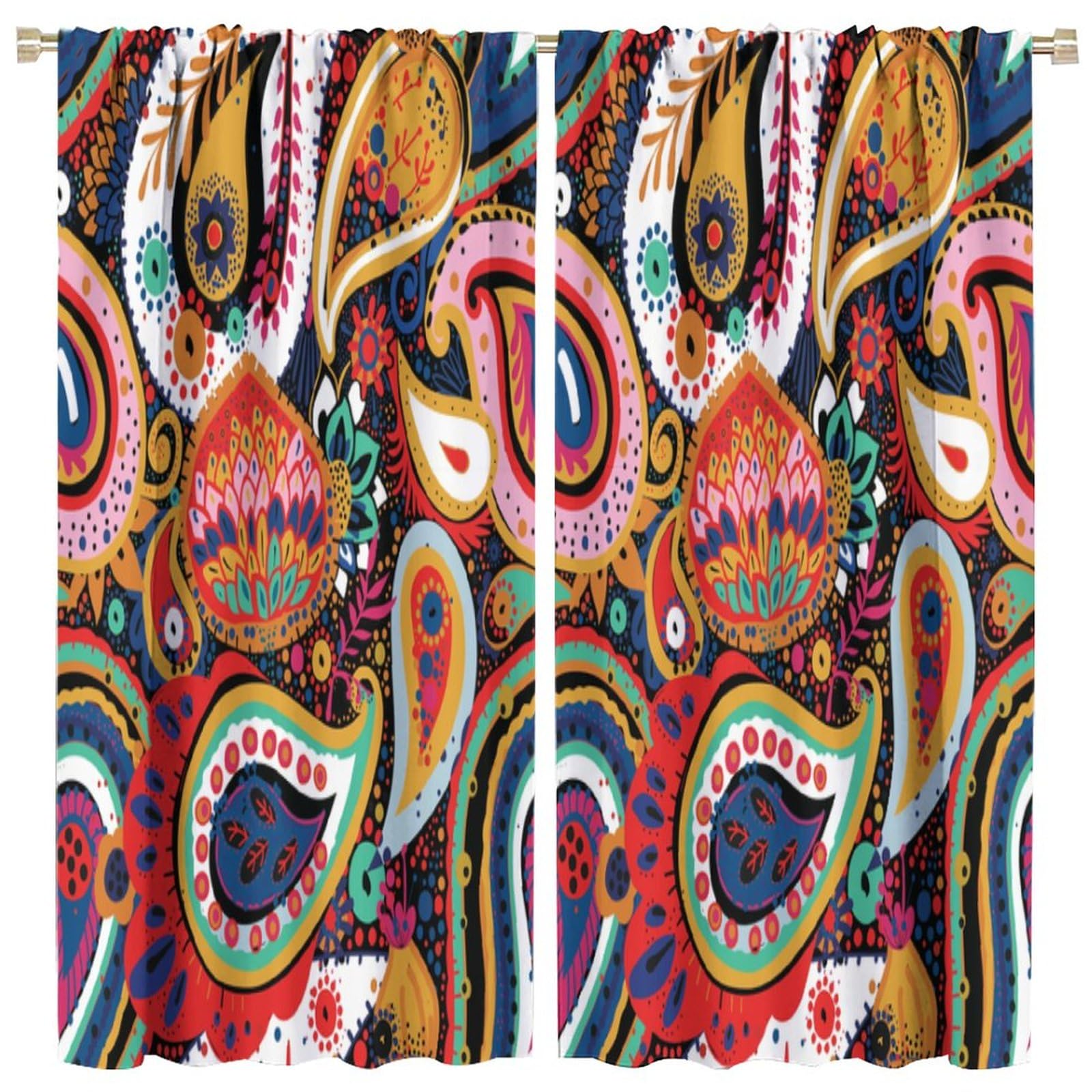Paisley Flower Blackout Window Curtains,Paisley Turkish Cucumber with Flowers Leaves and Fantasy Ele for Bedroom Living Room Off Window Curtain Drapes 2 Panels 42x45 Inch