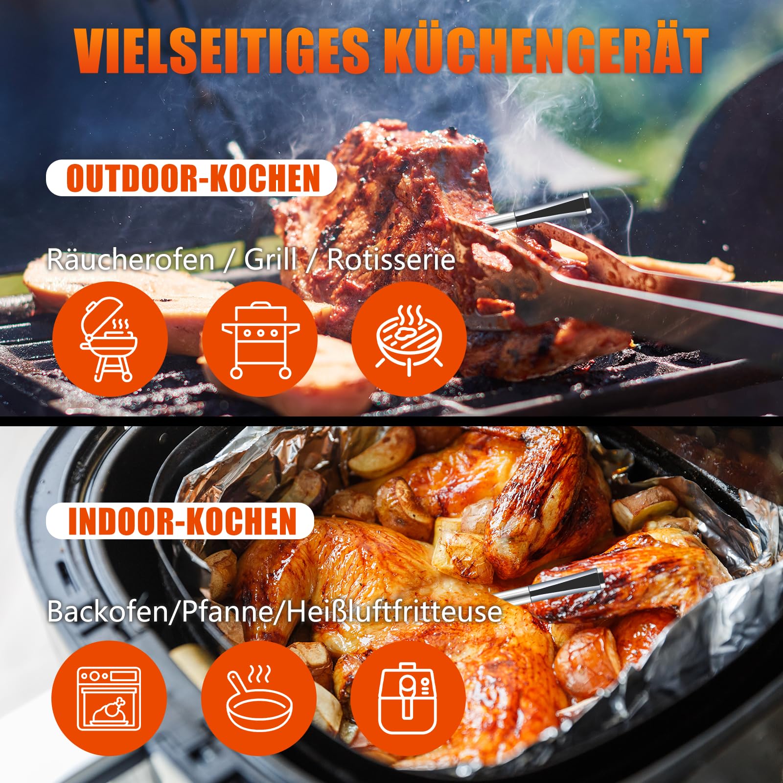 Termometro Wireless Per Barbecue Bluetooth | Sonda Intelligente Con App Per IOS/Android, Range -40°C A 100°C | Ricarica USB, Distanza 50m