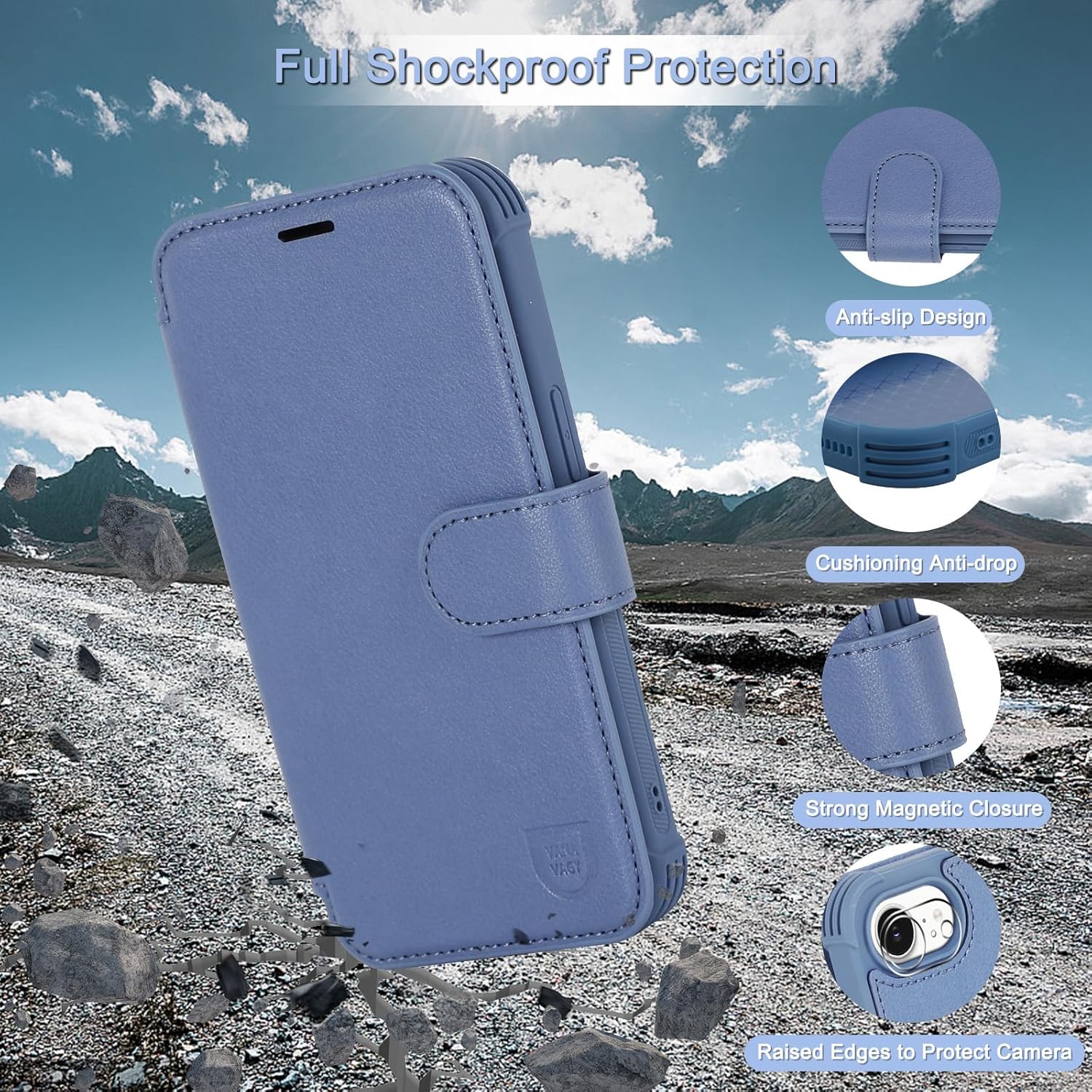 VANAVAGY Compatible for iPhone 16e/17e Wallet Case for Magsafe Wireless Charging, [Camera Cover & Screen Protector] PU Leather Flip Folio Phone Cover with Strap RFID Blocking Card Holder, Blue