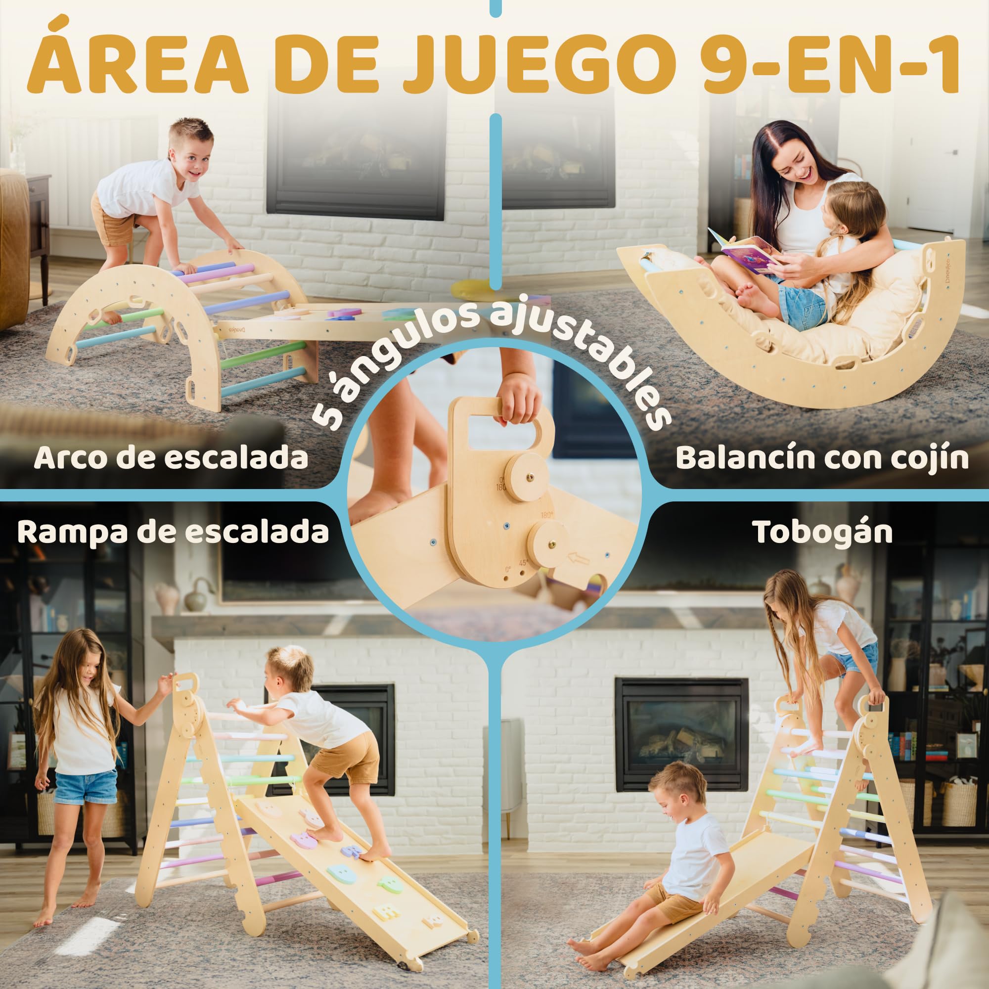 9en1 Montessori triangulo pikler Grande de 1 a 7+ años, 5 ángulos Ajustables, Parque Infantil Exterior y Interior en Madera para la Escalada con Arco pikler y rampa Pickler para niños