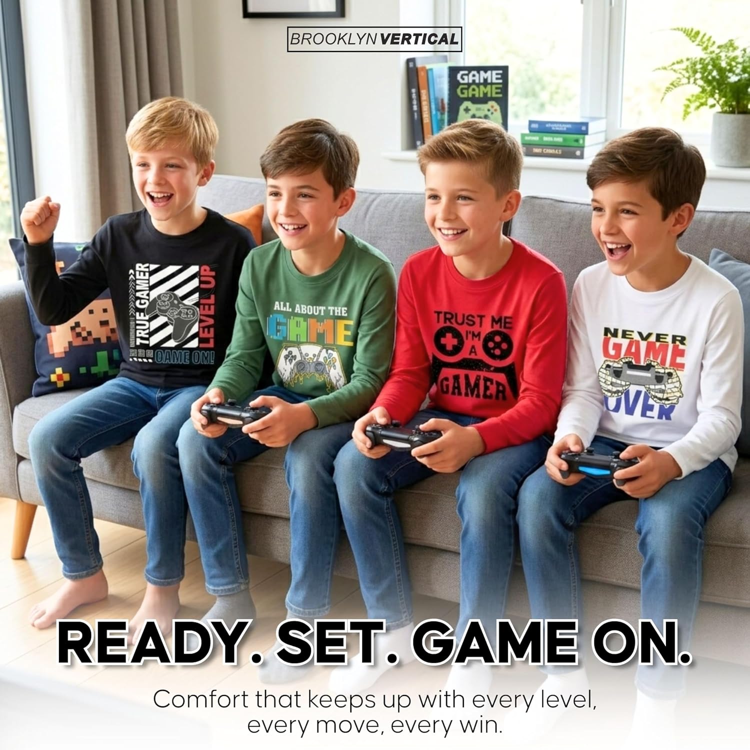 BROOKLYN VERTICAL 4-Pack Boys Long Sleeve Crew Neck T-Shirt with Chest Print | Soft Cotton Sizes 6-20