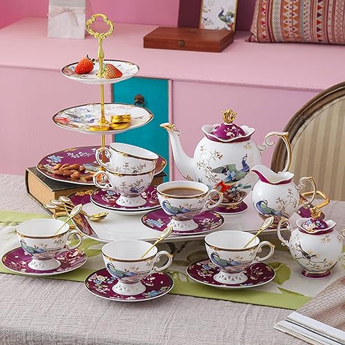 Miniatura 2 de ACMLIFE Juego de té de porcelana de hueso para adultos con tetera, juegos de fiesta de té de porcelana, 21 piezas, juego de té de porcelana fina