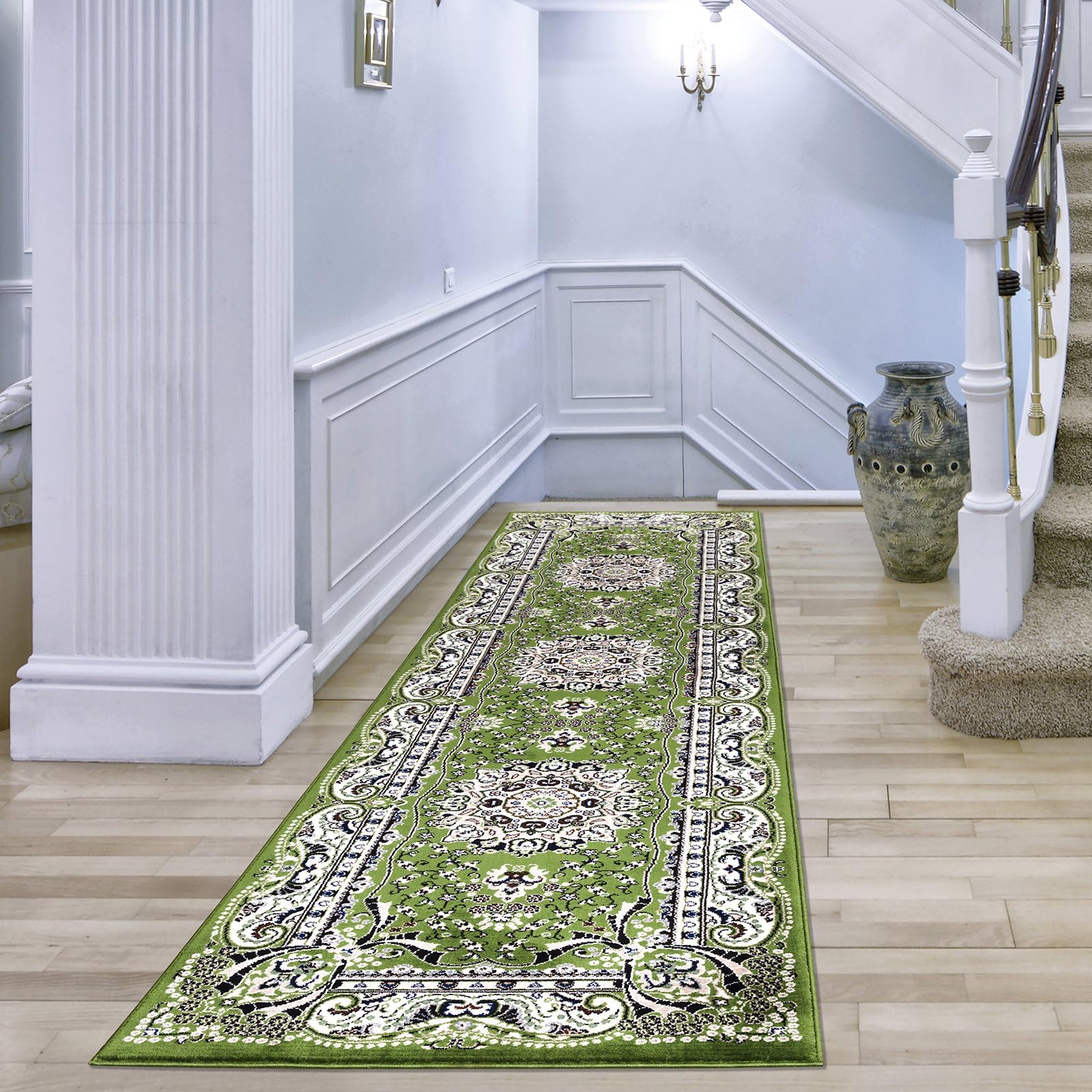 cozily® Washable Floral Style Jute Backed Rug, 80 x 300 cm (2 ft 7 in x 9 ft 10 in) - Green - Heavy Duty Vintage Long Runner for Hallway, Stair, Corridor, and Main Entrance — image 1