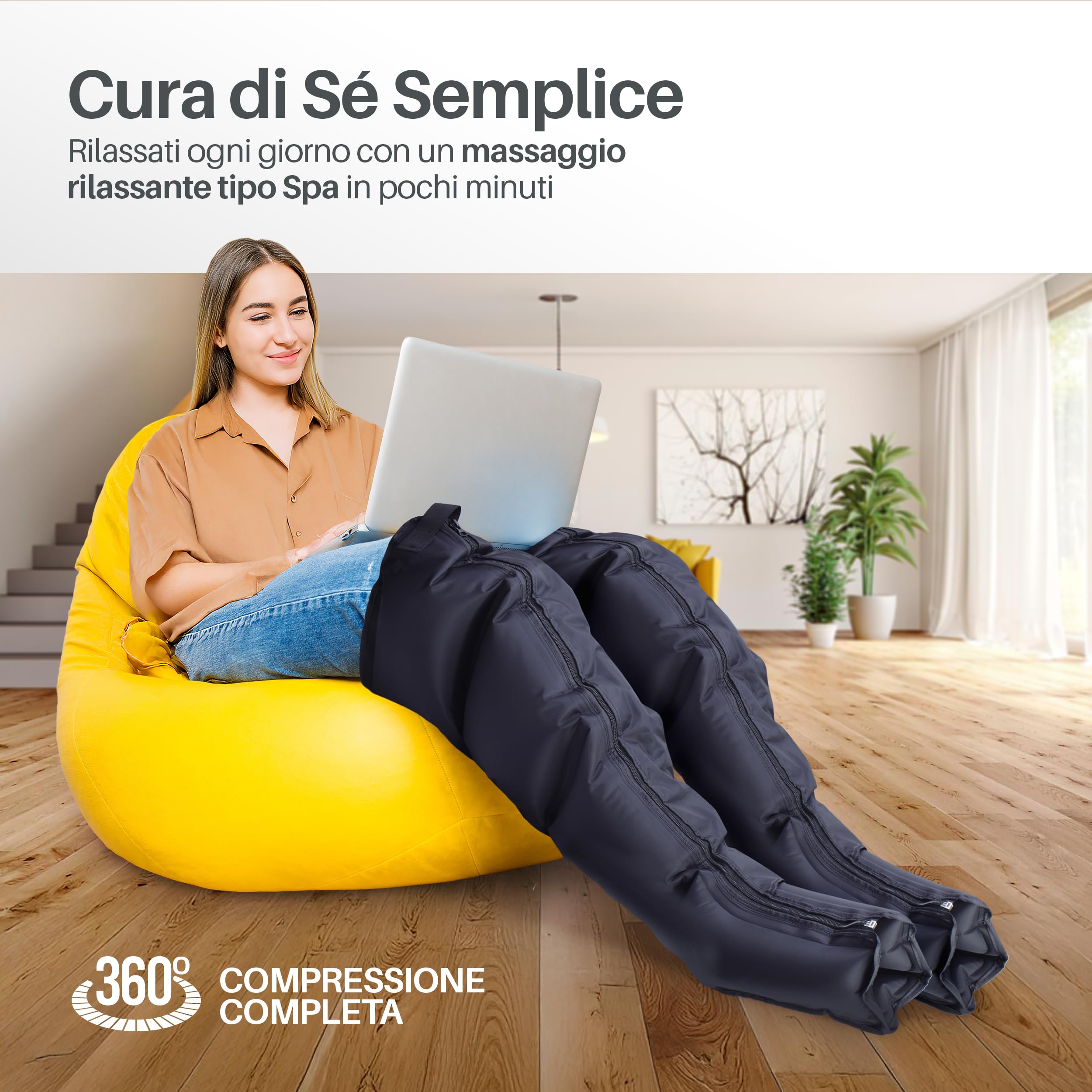 PORTENTUM Pressoterapia linfodrenaggio con batteria – Massaggiatore gambe e addome con 8 modalità e 3 intensità – Telecomando con schermo LCD – USB-C – Accessori per braccia e cintura – Borsa inclusa