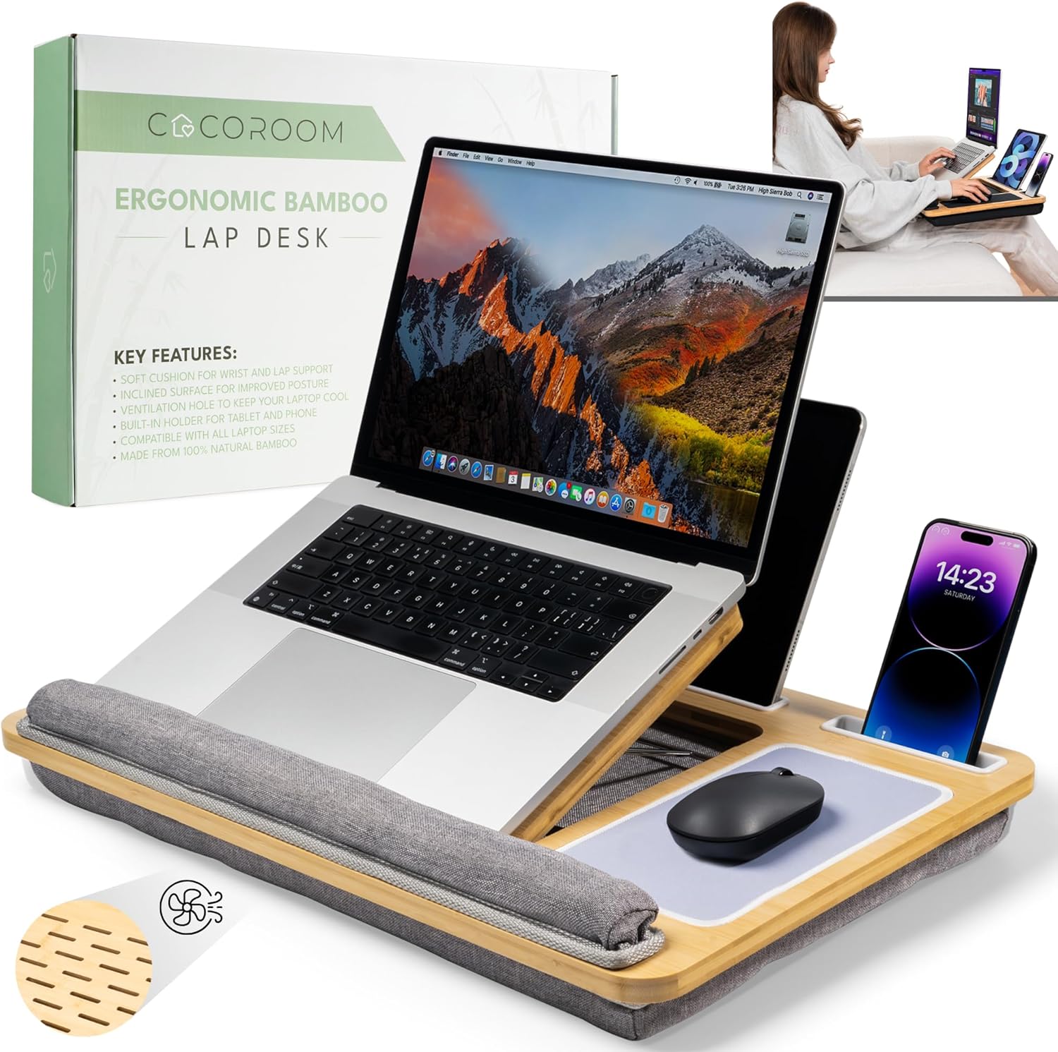 Lap Desk for Laptop – Bed Desk Tray Table with Cushion, 5 Angles, Phone & Tablet Holder, Mouse Pad & Ventilation – Laptop Stand, Lap Table, Couch Desk for 15”-17” Laptops (Gray)