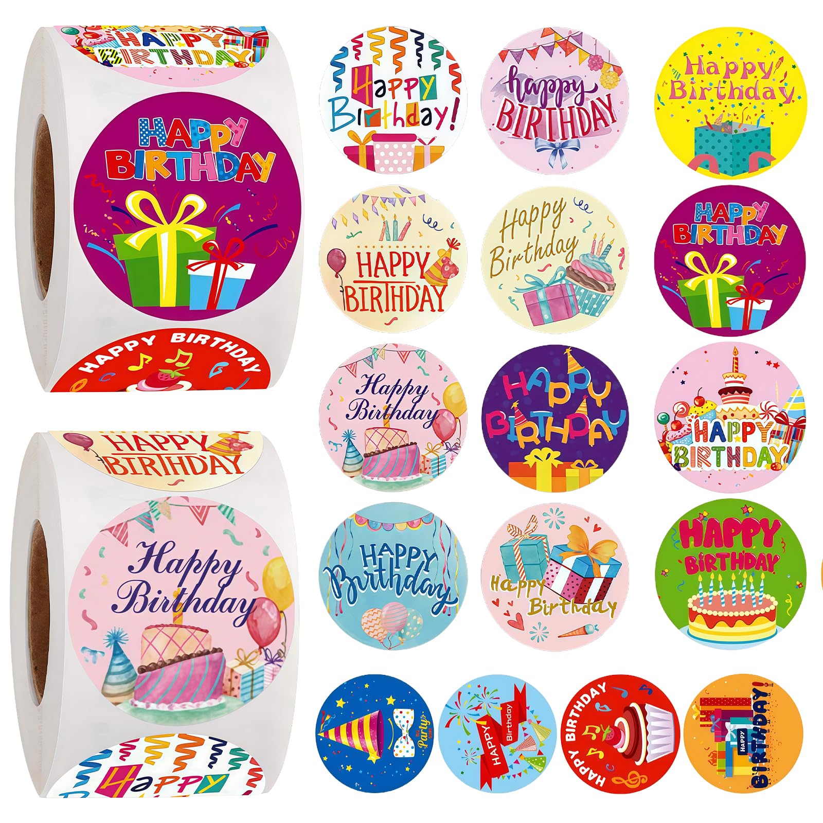 Kelisdi F 2 Roll Round Happy Birthday Decal Strong Adhesive Backing Safe Or Children Gift Packaging Accessories Adhesive Celebration Labels