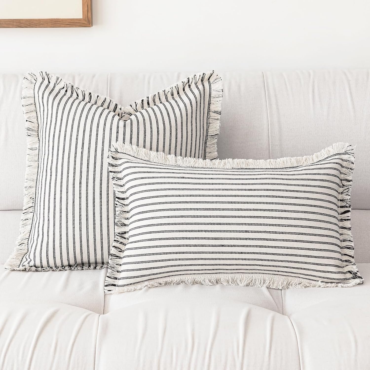 Throw Pillow Covers 18x18 Set of 2 Striped Fringe Pillow Cover Farmhouse Cushion Covers with Tassel Neutral Boho Pillows Decorative Square Pillowcase for Couch Sofa Bed, Black - Image 2