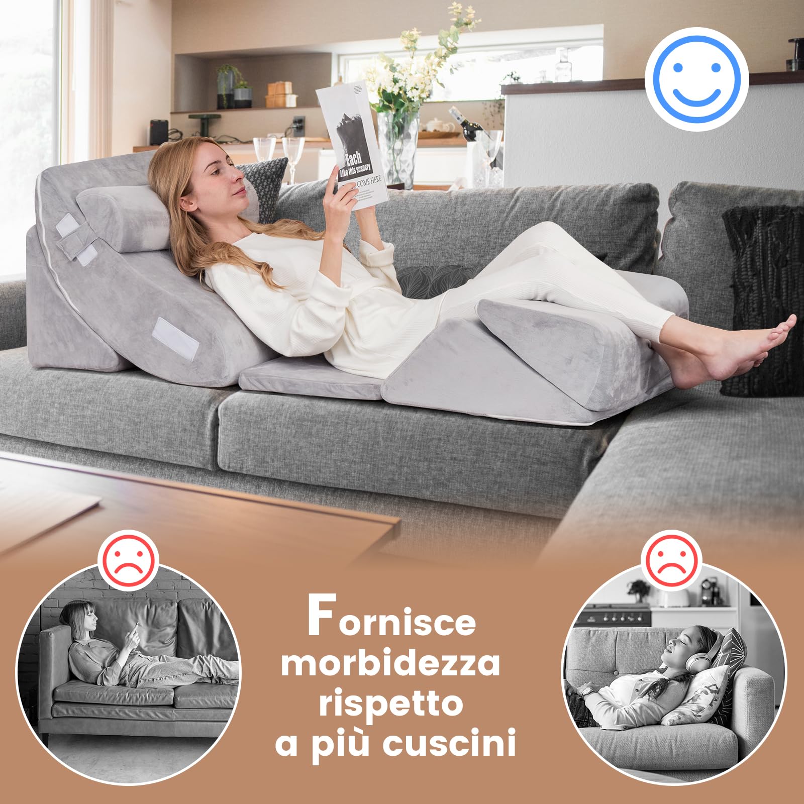 GYMAX Set di Cuscino a Cuneo per Letto/Divano, in Memory Foam, Cuscino Ergonomico, Supporto per Collo/Lombare/Schienale/Gambe, Forma Regolabile, Design Ortopedico, Grigio (6 Pz)