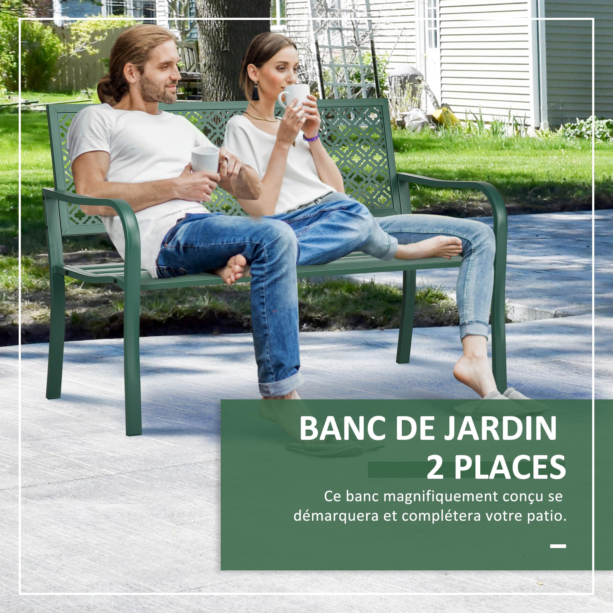 Outsunny Banc de Jardin, Banc extérieur Jardin en Acier, avec Dossier à Motif Floral, accoudoirs, pour 2 Personnes, pour Jardin, Balcon, Charge Max. 240 kg, Vert foncé
