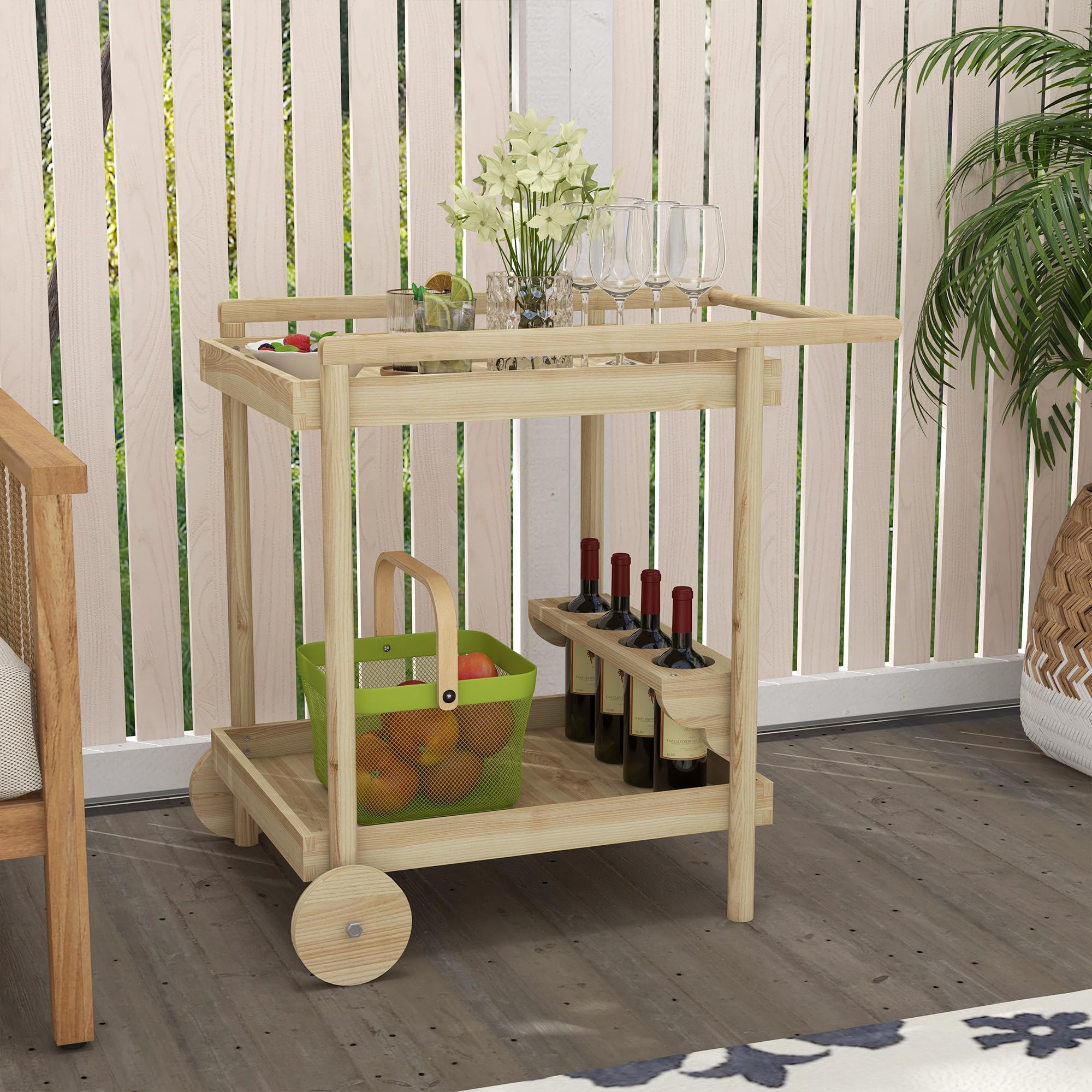Outsunny Carrello da Giardino in Legno di Abete a 2 Ripiani, 78x58.5x75 cm