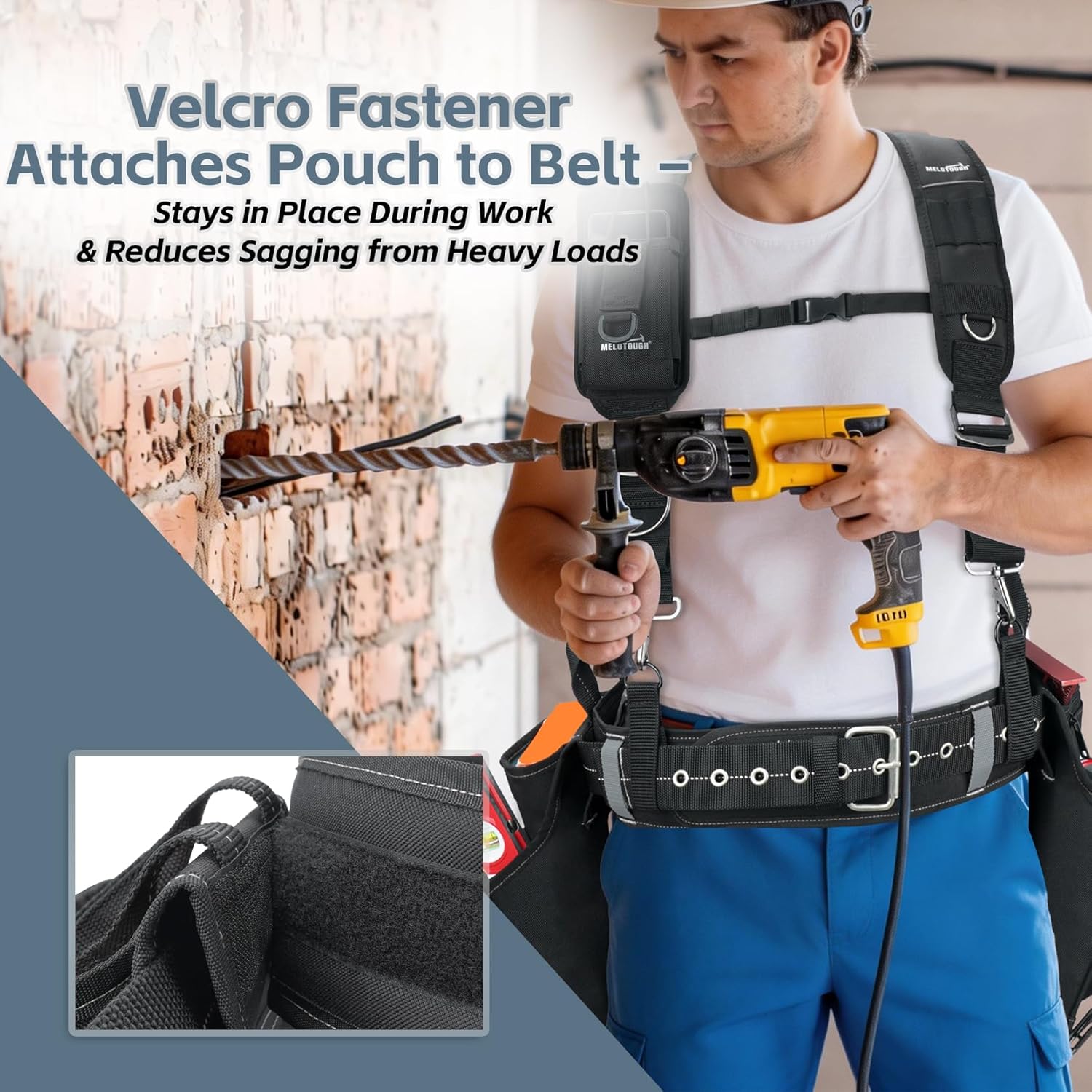 MELOTOUGH Tool Belt with Suspenders, 29 Tool Bag Rig Combo Apron Tool Pouch, Padded Suspenders & Comfort Back Support, Heavy Duty Construction Work Belt for Framer, Carpenter, Electrician,Grey