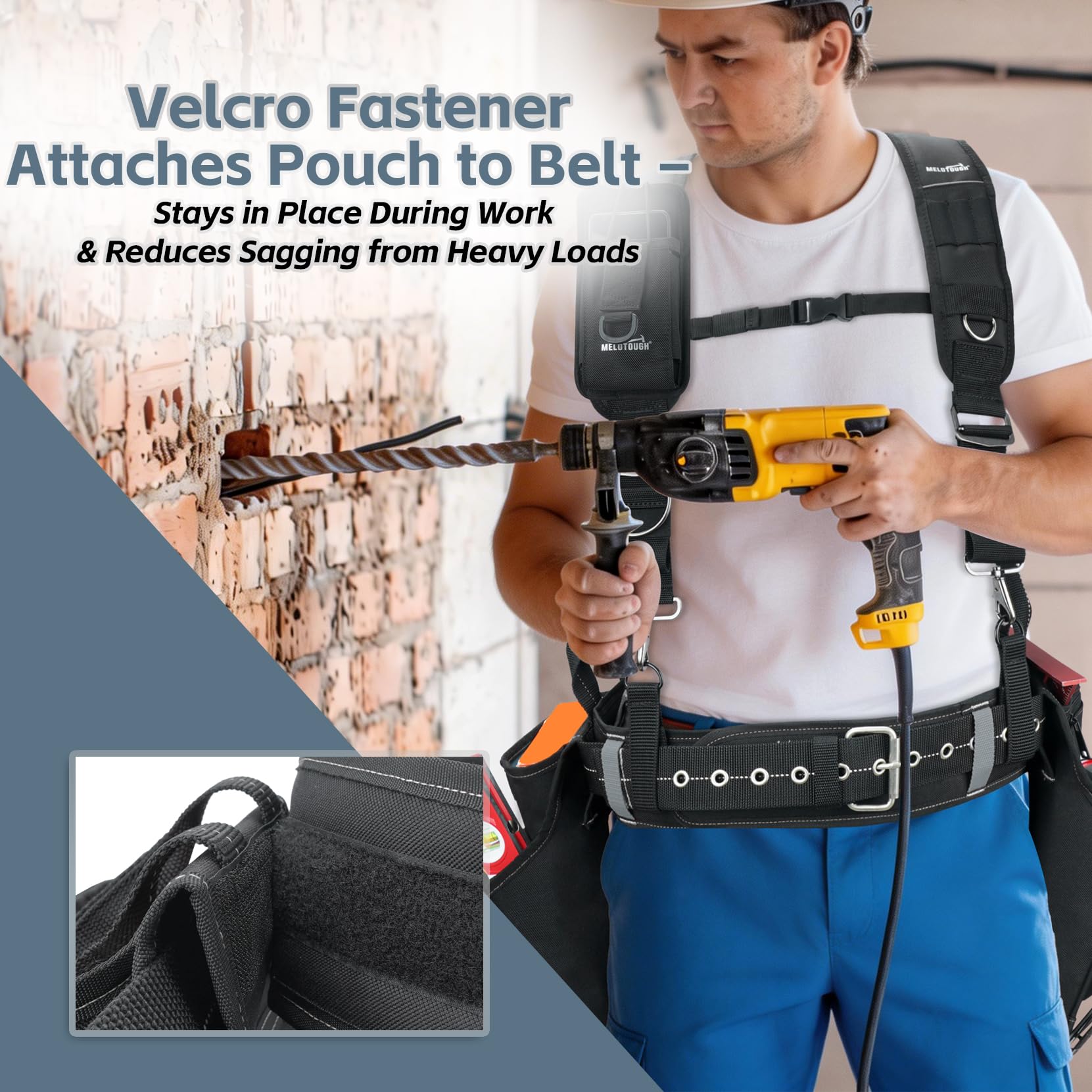 MELOTOUGH Cinturón de herramientas resistente con tirantes, 21 bolsillos, bolsa de herramientas combo delantal, tirantes acolchados y soporte trasero cómodo, cinturón de trabajo de construcción