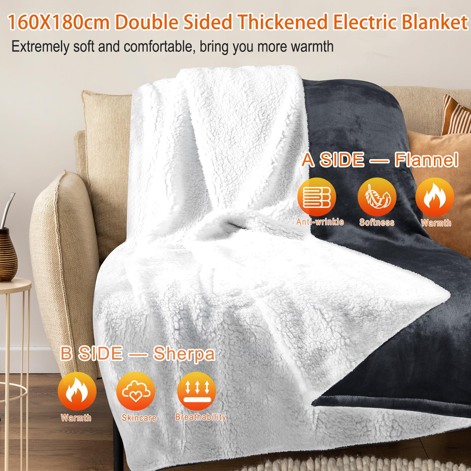 MYCARBON Coperta Elettrica Riscaldante 180x160cm, 6 Temperature da 30°C a 45°C, 9 Opzioni Timer 1-9h, Coperta Termica Matrimoniale Basso Consumo Lavabile(Grigio Scuro)