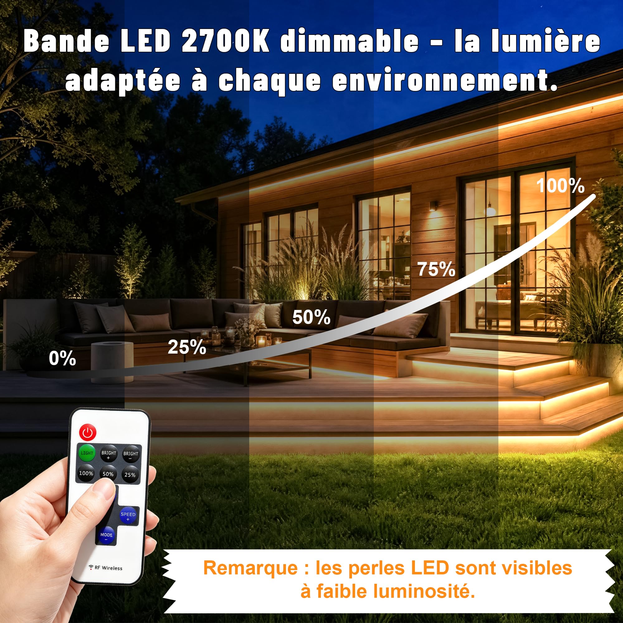 Ruban LED COB Étanche IP67 Extérieur Avec Télécommande, AC 220V Dimmable Branchement Direct, Superlumineux Autocollant pour Piscine, Jardin, Salon, Terrasse (2700K Warm, 15M)