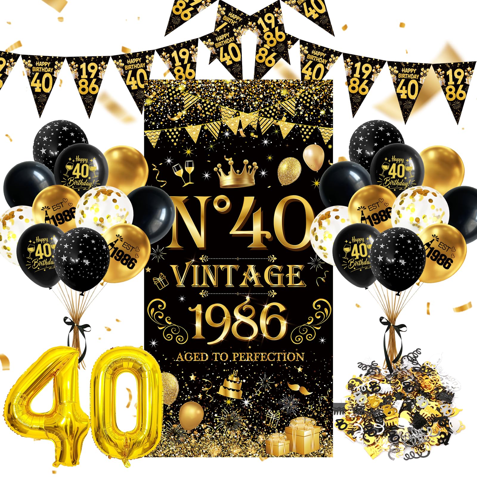 40th Birthday Decorations for Men Women, Vintage 1986 Black Gold Supplies — image 1
