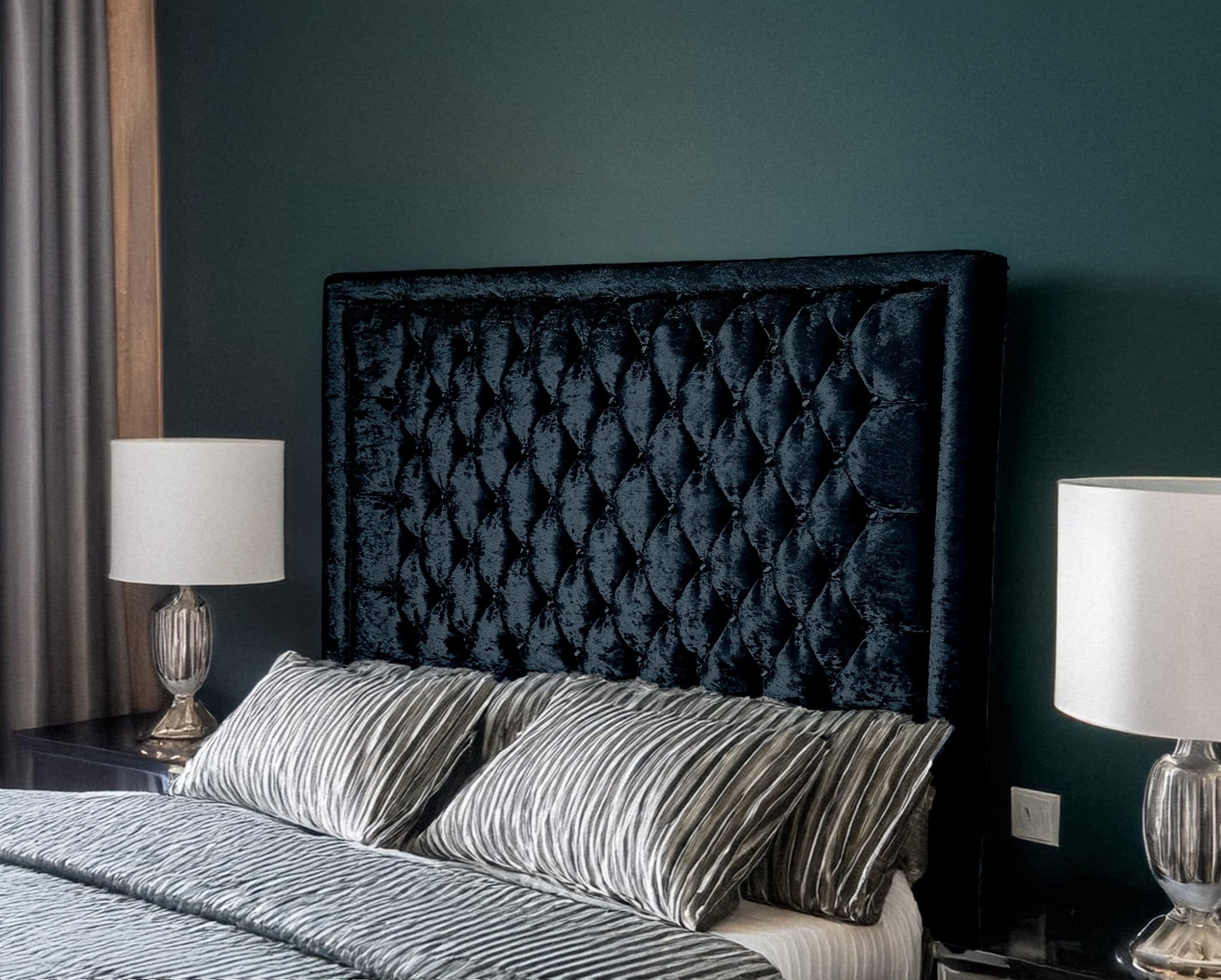 luxisleepltd Alton Bumper Tufted,Crystal Crushed Velvet Headboards, Single 3ft 4FT Double 4FT6 King-size 5FT and Super King 6FT Upholstered Headboard Divan bed frame (Black, King Size-90cmTall)