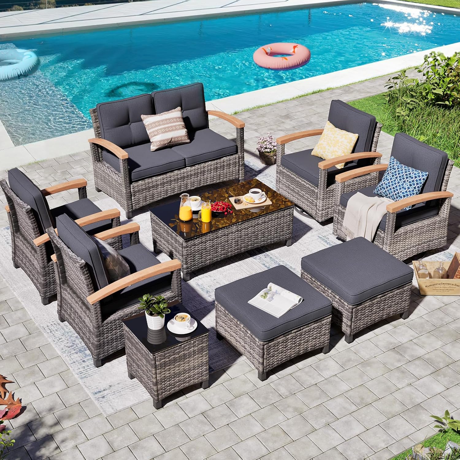 9 Pieces Outdoor Patio Furniture Sets,PE Wicker Patio Conversation Sets with 2 Wood Armrests Swivel Rocker Chairs,2 Single Chairs, 2-seat Sofa and Coffee Table(Grey)