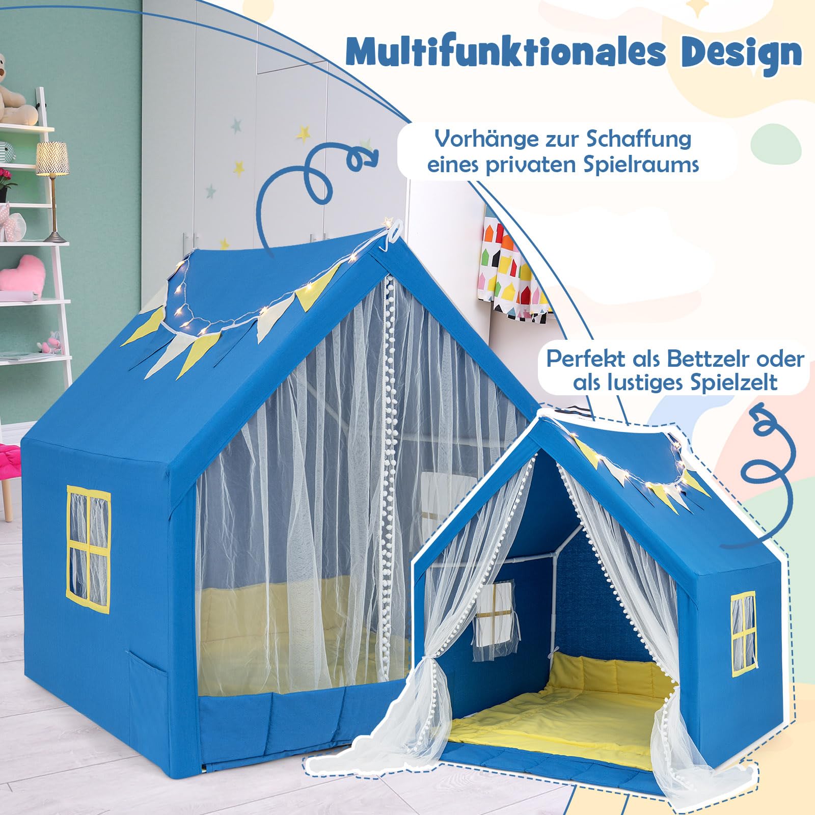 DREAMADE Kinderzelt für Drinnen mit Matte und Lichtern und Flaggenbanner, Kinder Spielhaus Indoor mit Vorhang & Fenstern, Tipi Zelt, Spielzelt für Jungen und Mädchen 121 x 105 x 125 cm (Blau)