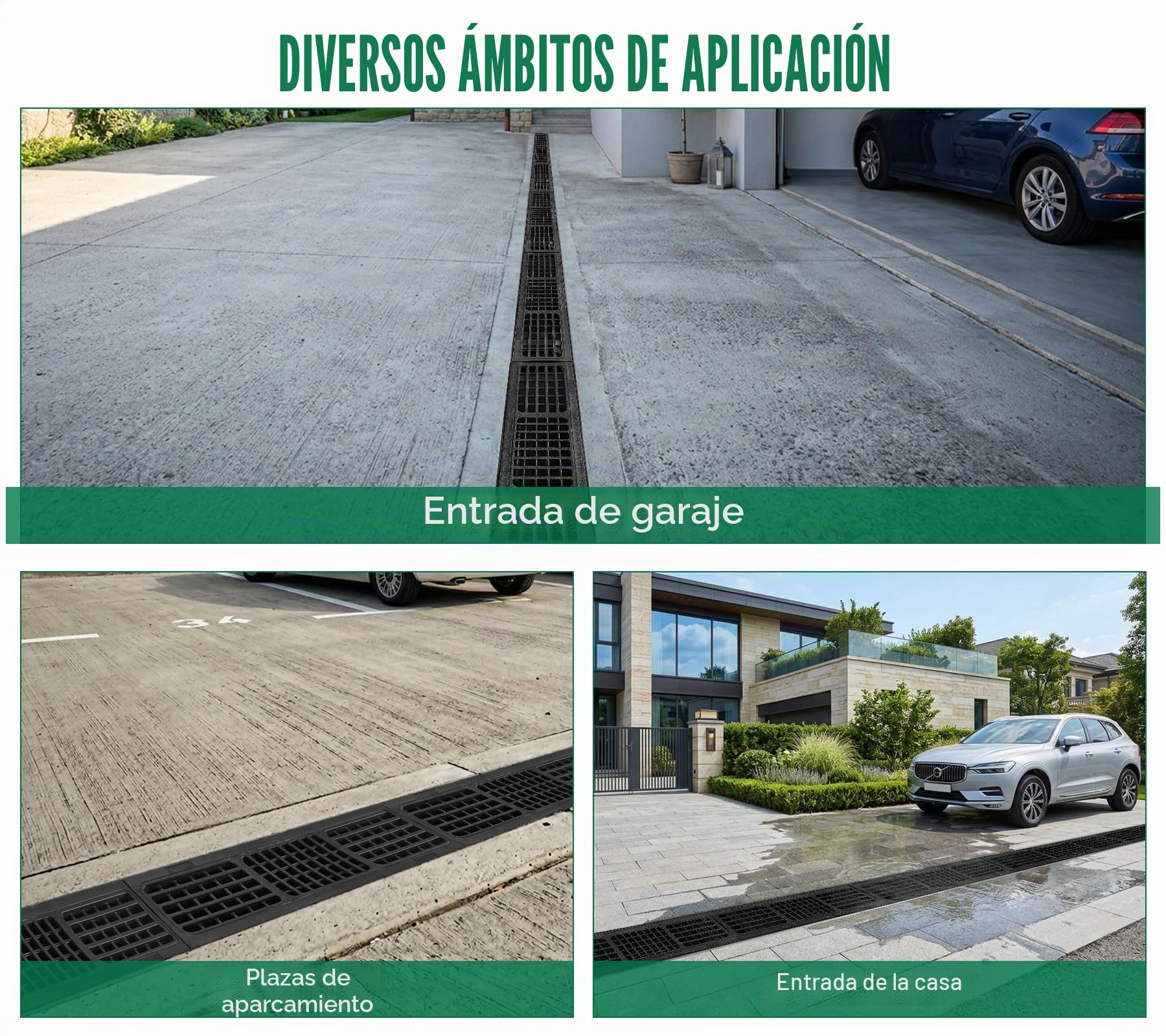 Lote de 6: 500x140x100 mm Drenaje de Terraza en PEAD Negro con Rejilla, B125 drenaje exterior de PEAD, 3m, para el camino, el jardín, la terraza, el garaje, el patio