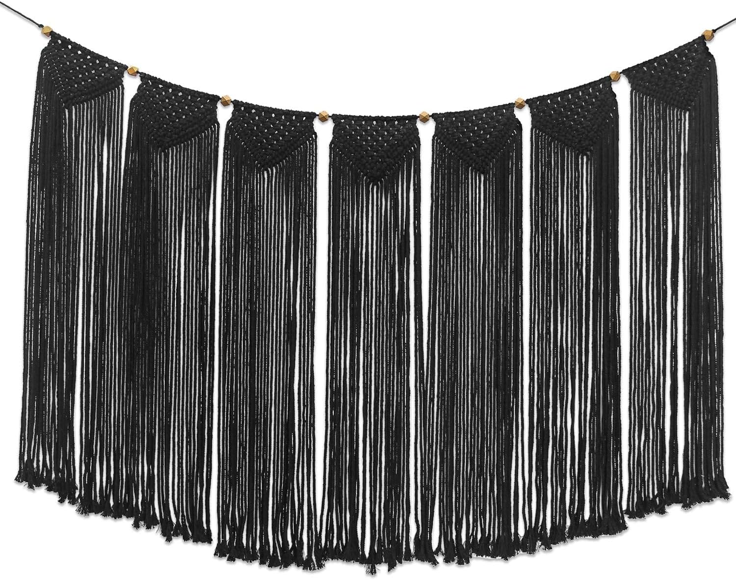 Flexzion Macrame Wall Decor Hanging Boho Hand Woven Tapestry Art Bunting Banner Bohemian Wall Decor for Home Bedroom Living Room Rustic Hippie Garland Baby Nursery, 47 Inch Black Cotton Curtain