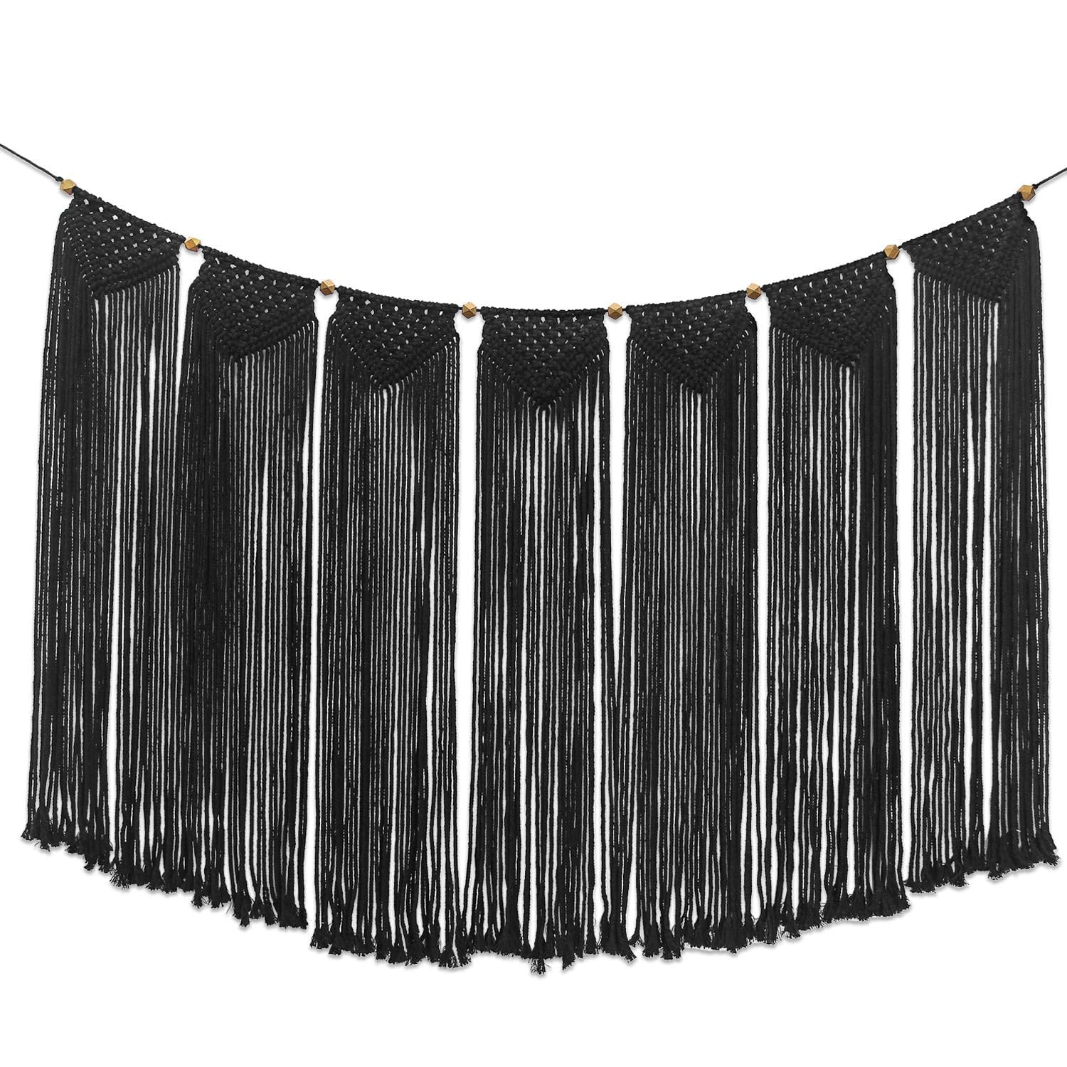 Flexzion Makramee Wandbehang 120 x 72 cm, Woven Wanddeko Boho Deko Wandteppich Vorhang Baumwolle Gewebte, Große Böhmische Tapisserie Wohndekorationen für Hochzeit Schlafzimmer Wohnzimmer - Schwarz|