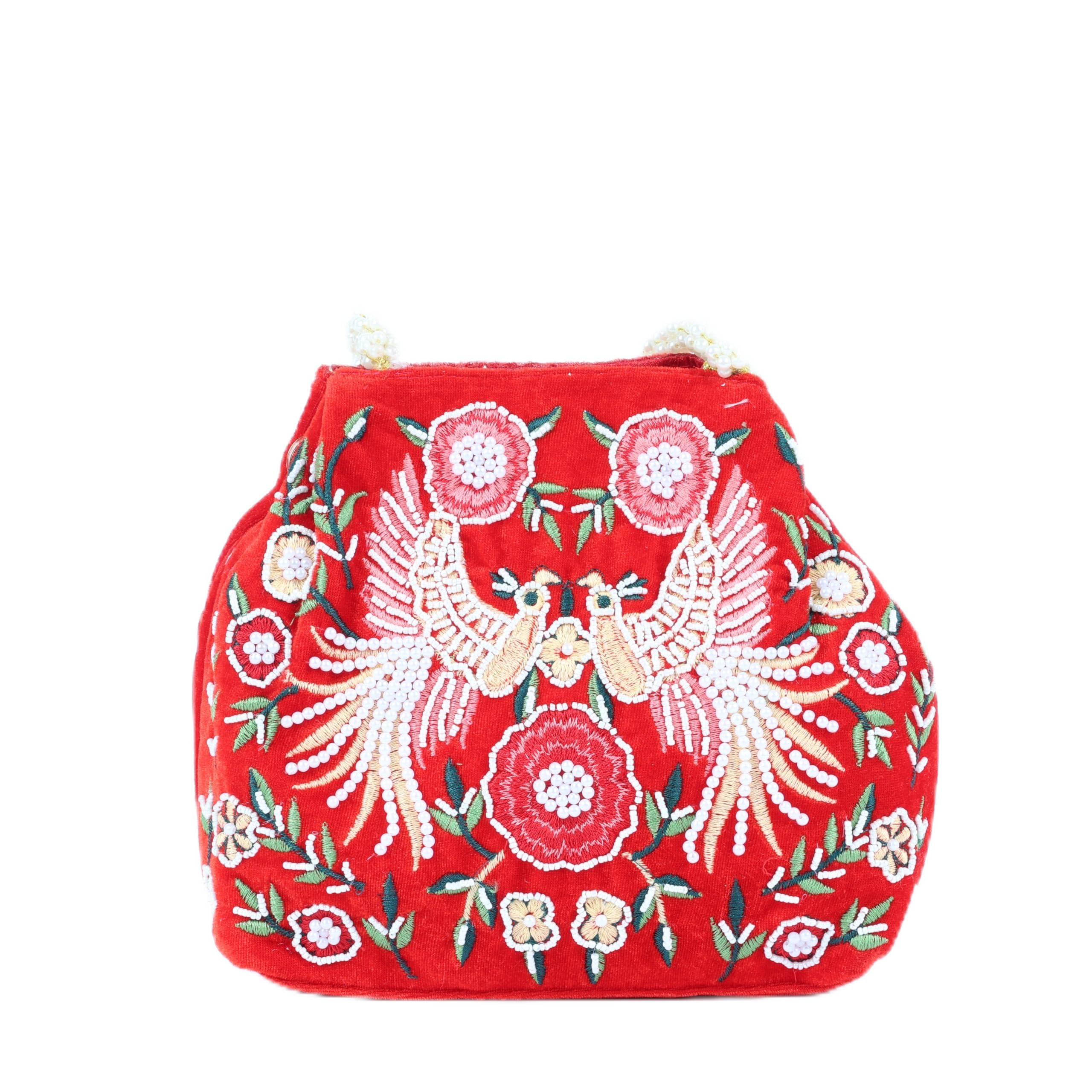 Red Velvet Potli Bag with Bird and Floral Embroidery, Pearl Handle, Ethnic Handbag for Women-image-38