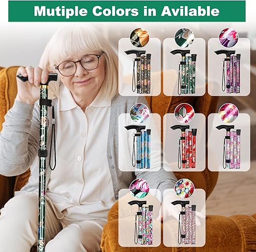 Miniatura 10 de MFE Bastón plegable, portátil de 5 niveles de altura ajustable con diseño plegable, correa de muñeca y mango en T para hombres y mujeres