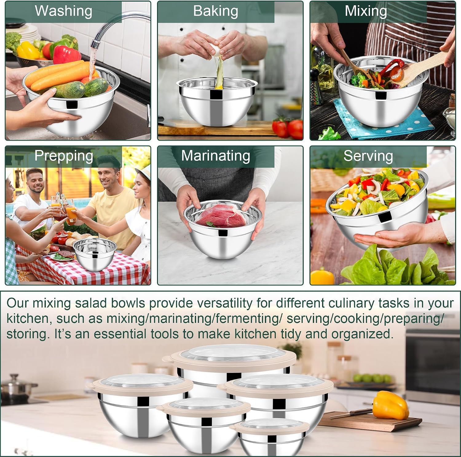 Joyfair Cuencos para mezclar, 5 cuencos de ensalada anidables de acero inoxidable con tapas transparentes herméticas, juego de cuencos de metal ideal para cocina, mezclar, hornear, servir, almacenar y