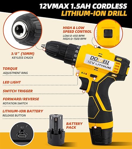 Miniatura 3 de DOWELL Kit de herramientas de 147 piezas con taladro inalámbrico de 12 V con portabrocas sin llave de 38 pulgadas para el hogar, hombres, LED